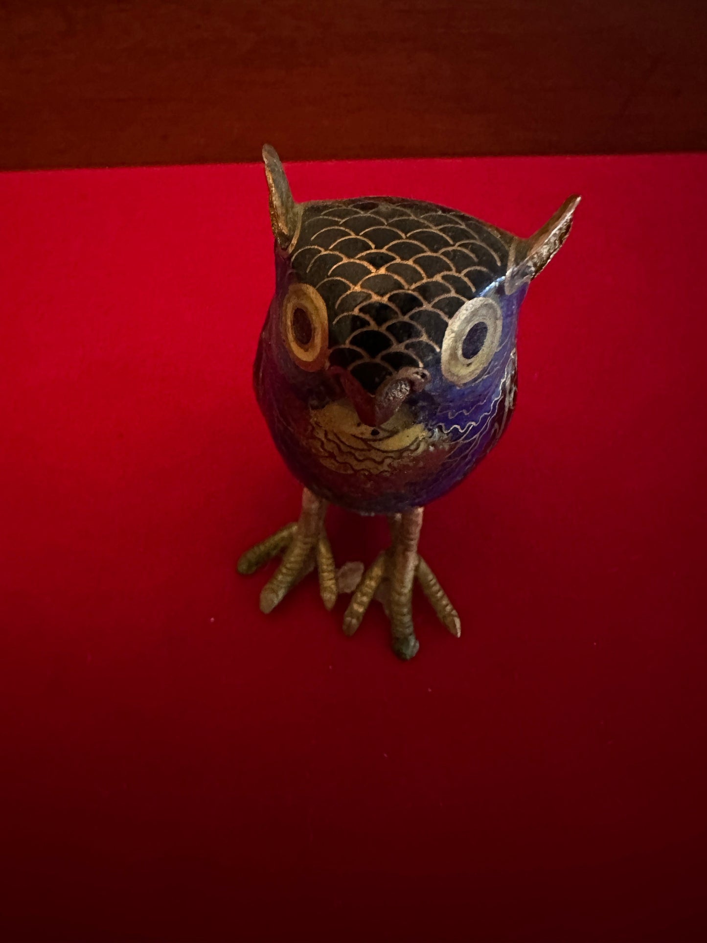 Antique Cloisonné Enamel Brass Owl Figurine: Cobalt Blue Decor