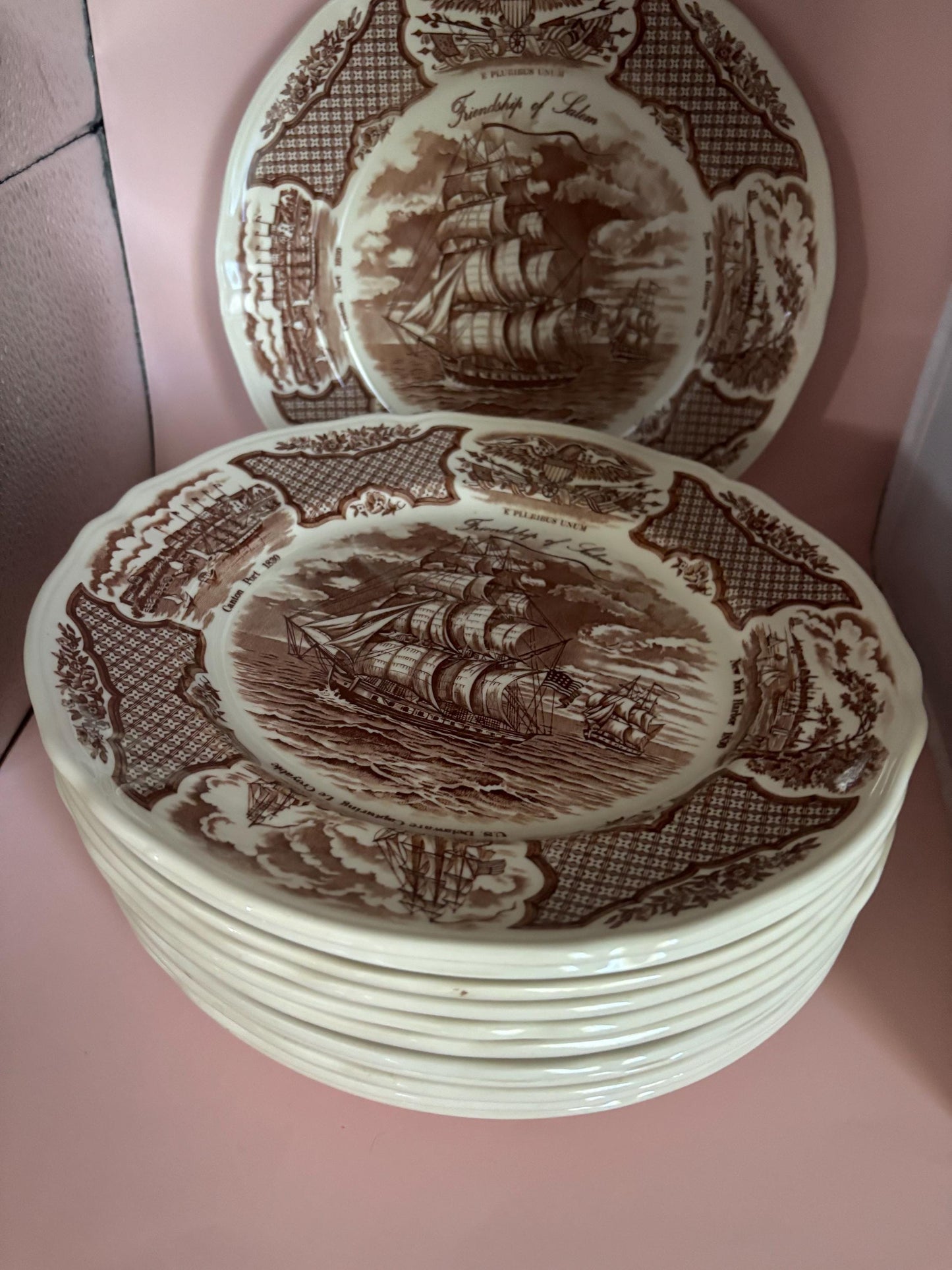 Vintage Alfred Meakin Staffordshire England The Friendship of Salem Fair Winds Original Copper Engravings Dinner Plate Lover Antiques