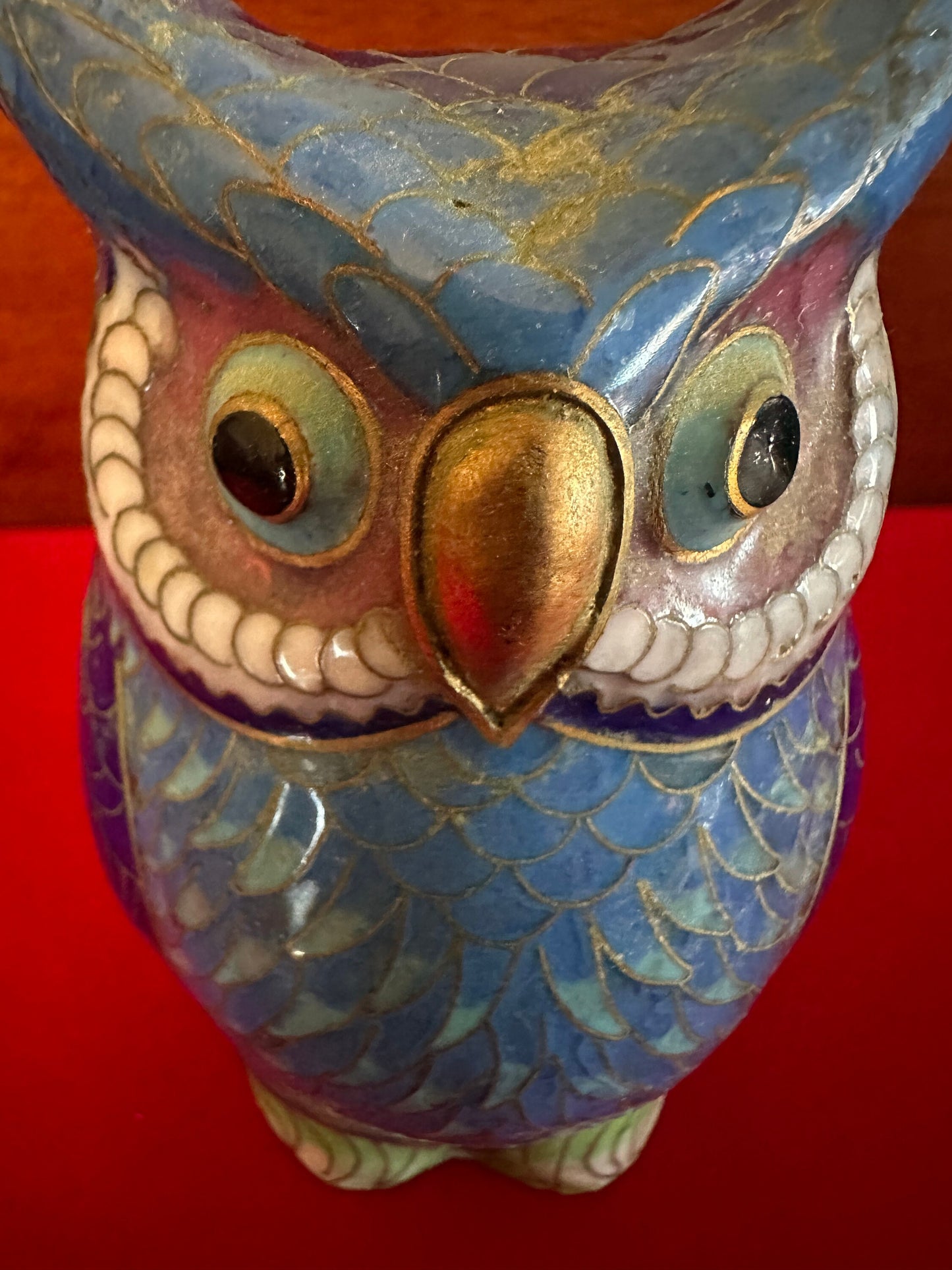 Vintage Cloisonné Enamel Owl Statue: Cobalt Blue & Brass