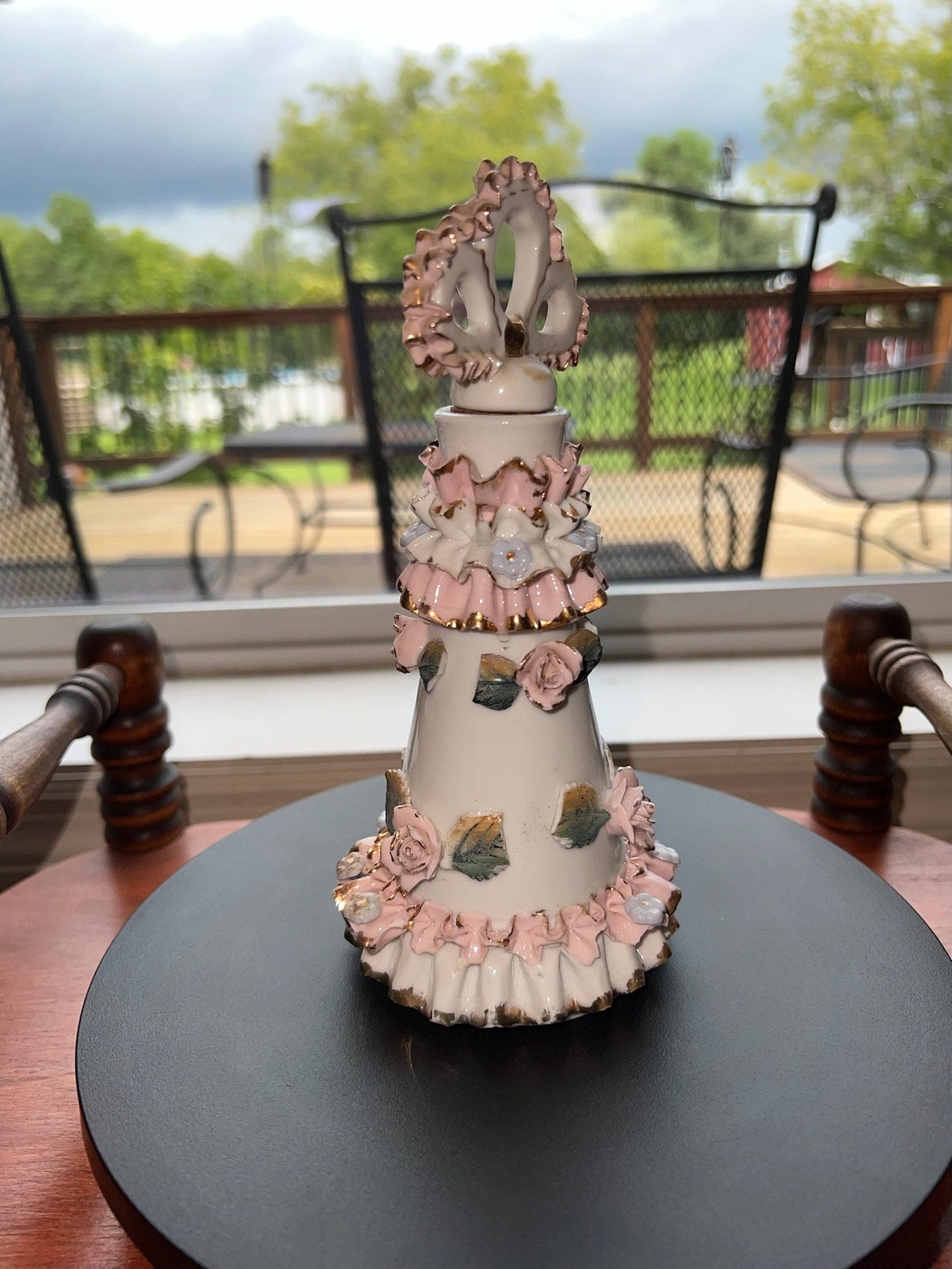 Vintage Thames Hand Painted Roses Perfume Bottle Ceramic Frilly Lace Lover Antiques and Vintage