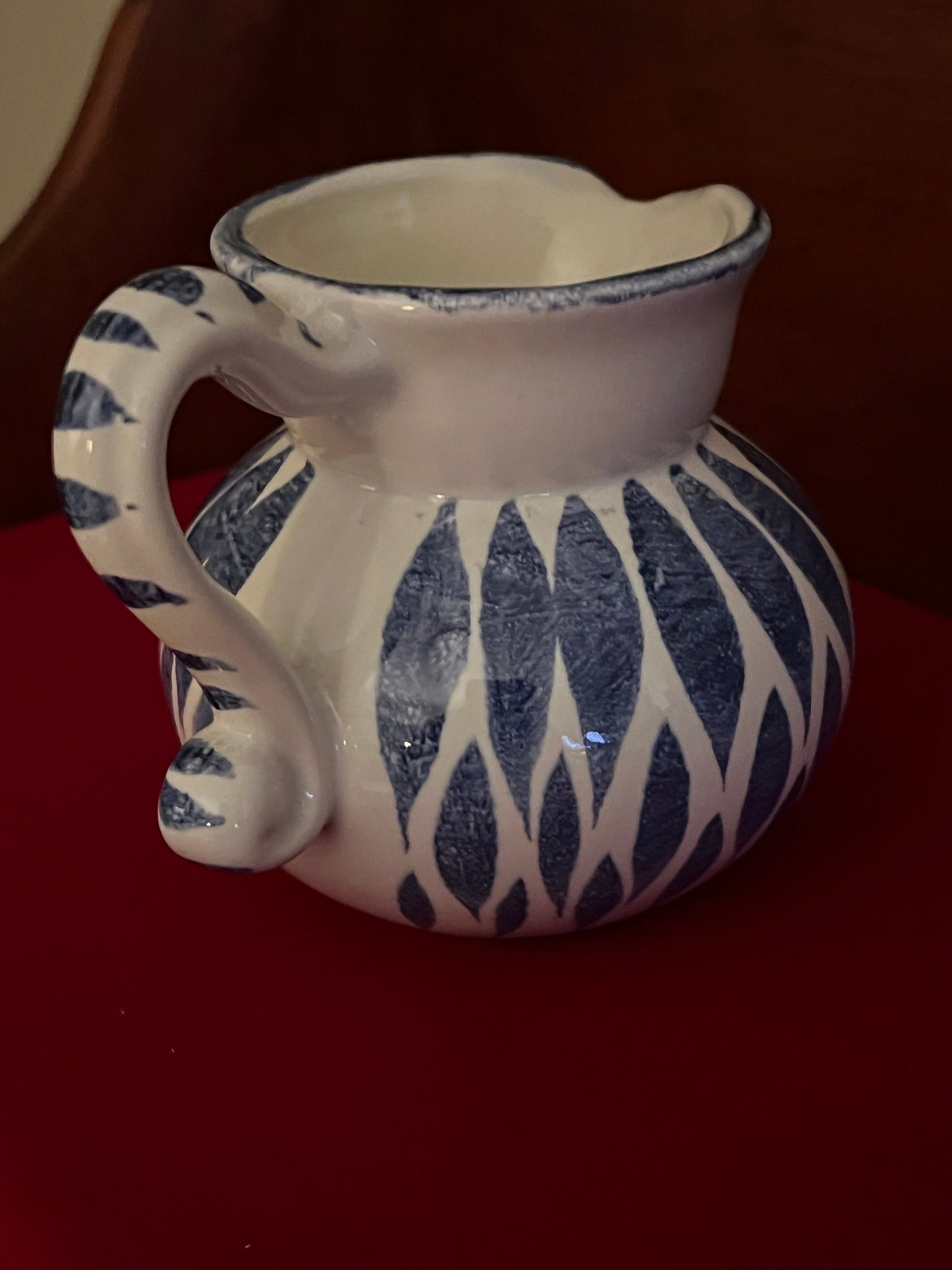 Ceramic Mini Pitcher with Blue Lattice Design, Mid Century Polka Dot Jug, Home Decor, Gift for Her