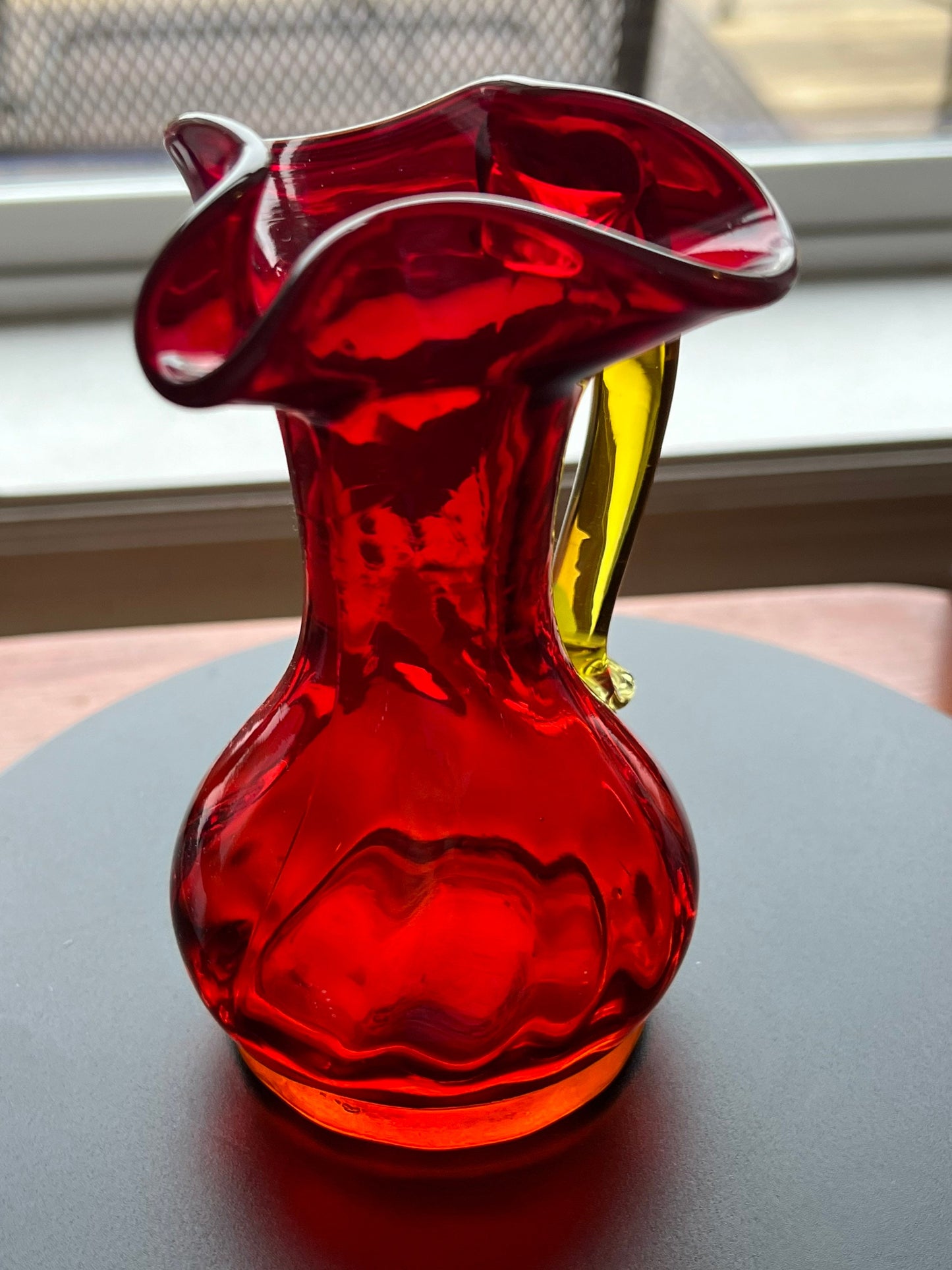 Vintage Kanawha Amberina Glass Pitcher: Red & Yellow Bud Vase, 5”