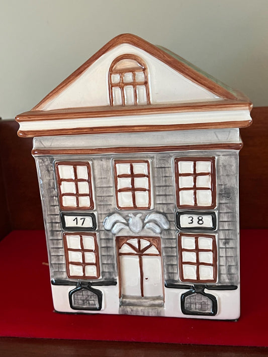 Vintage Dansk Portugal Brownstone House Ceramic Cookie Jar Canister Rare Green Roof Lover Antiques and Vintage