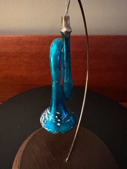 Vintage Blue Hand Blown Glass Trumpet Ornament