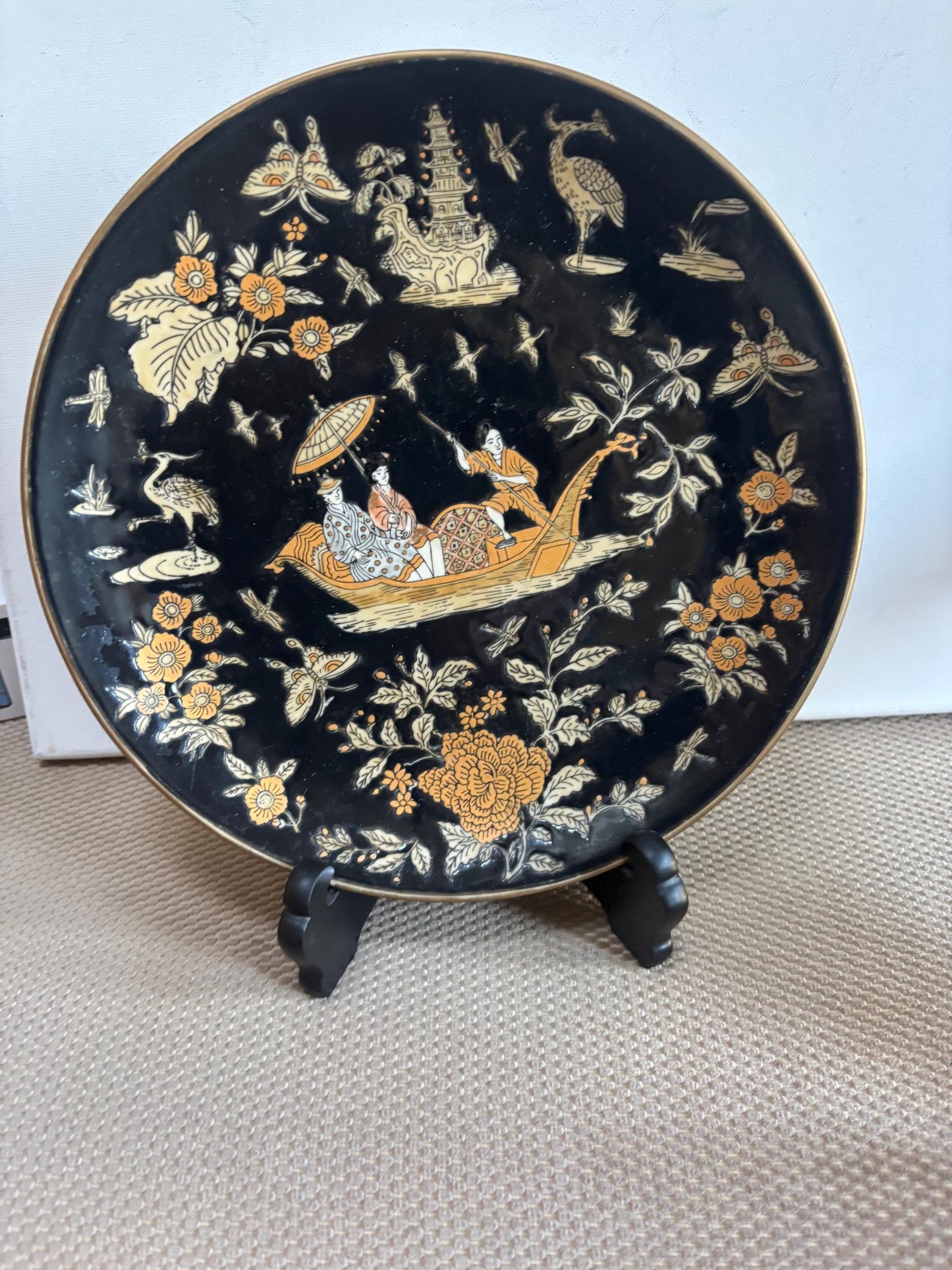 Vintage Sevres Porcelain Plate with Chinoiserie Design Chinese Plate with Stand Black Background with Gold Trim Lover Antiques and Vintage
