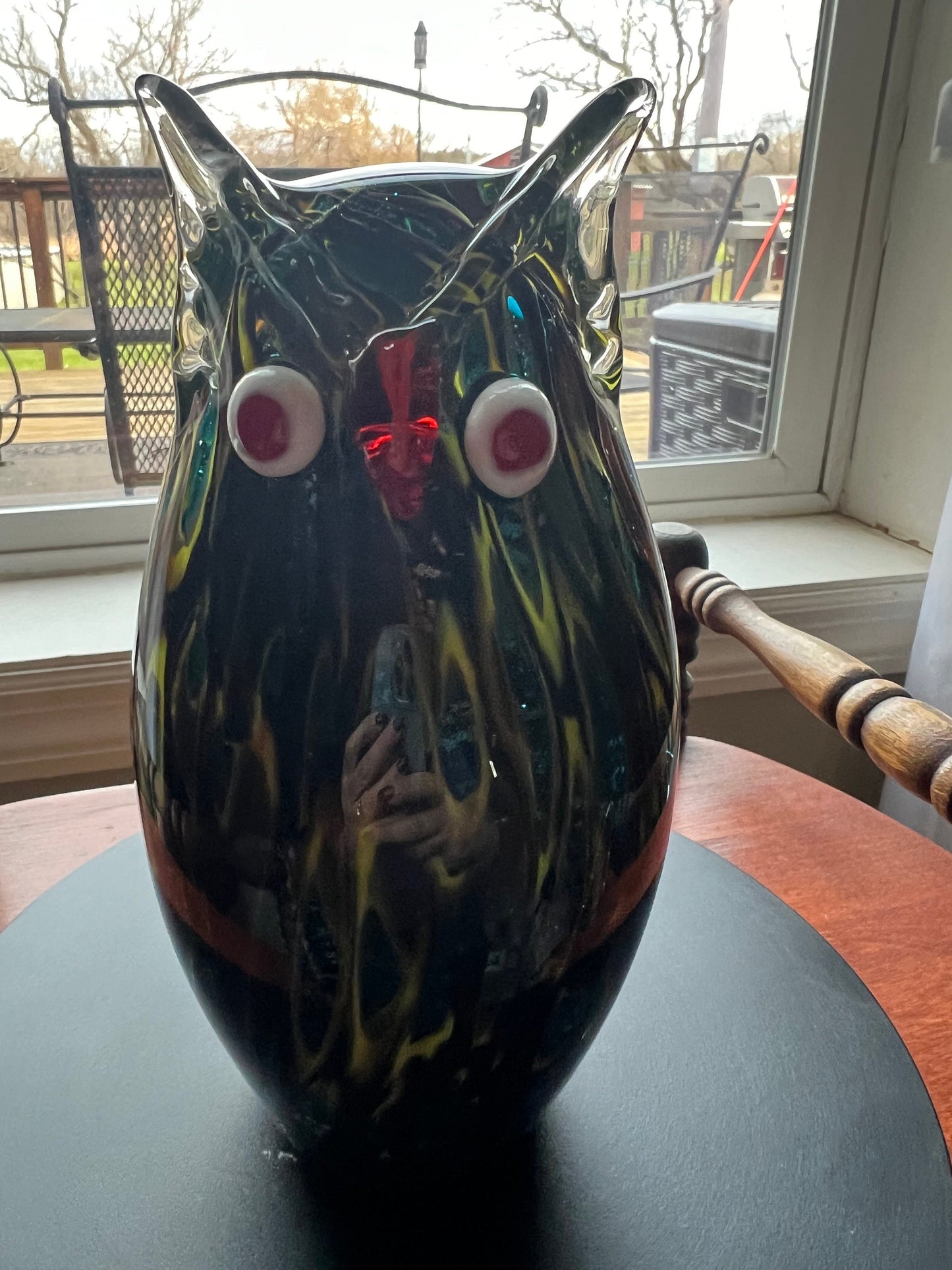 Vintage Murano Style Art Glass Owl Figurine: Blue, Red, and Gold Sculpture