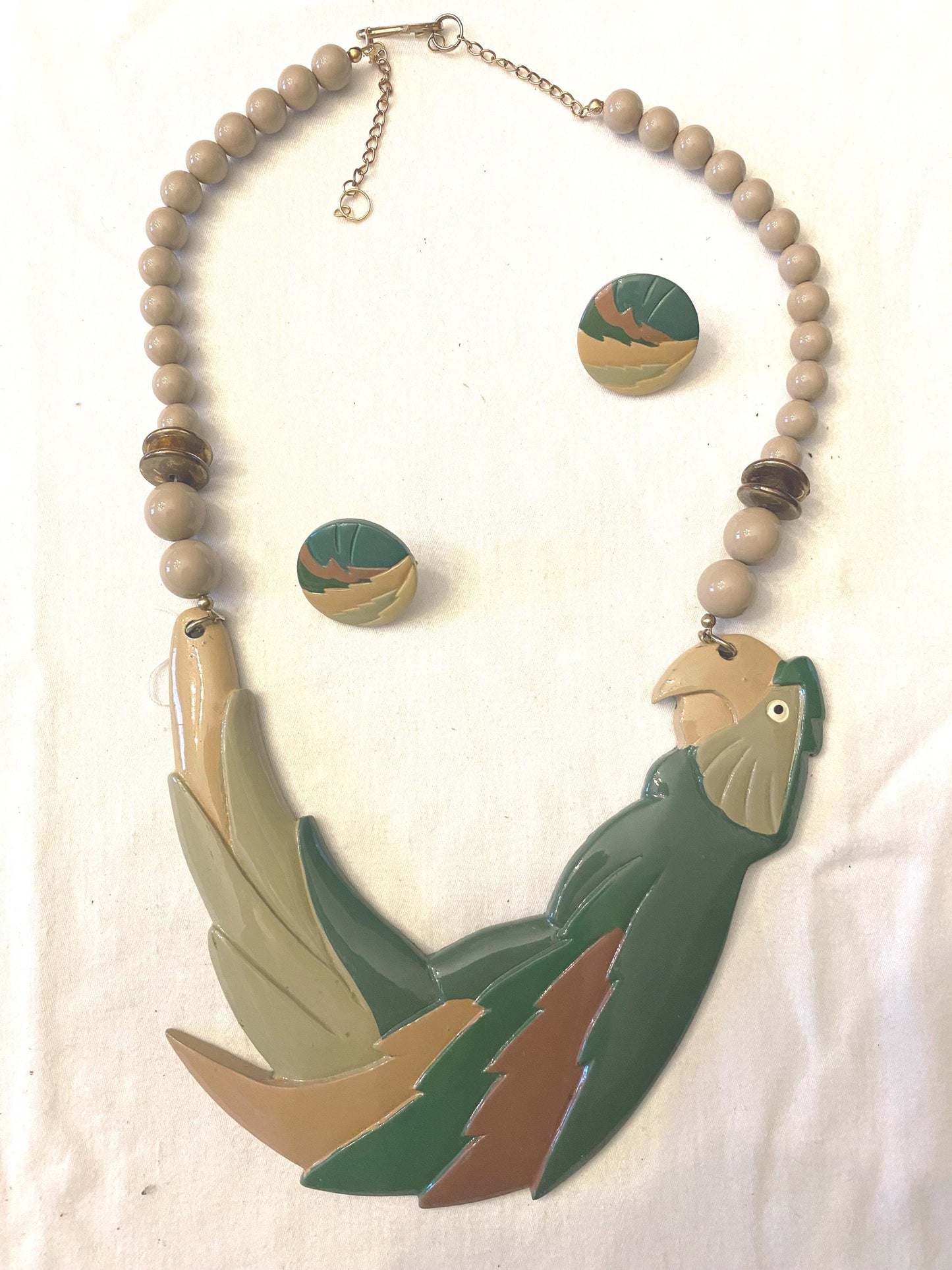 Parrot Figural BIB & Beaded Statement Resin Necklace and Matching Earrings Jewelry Unique Gifts