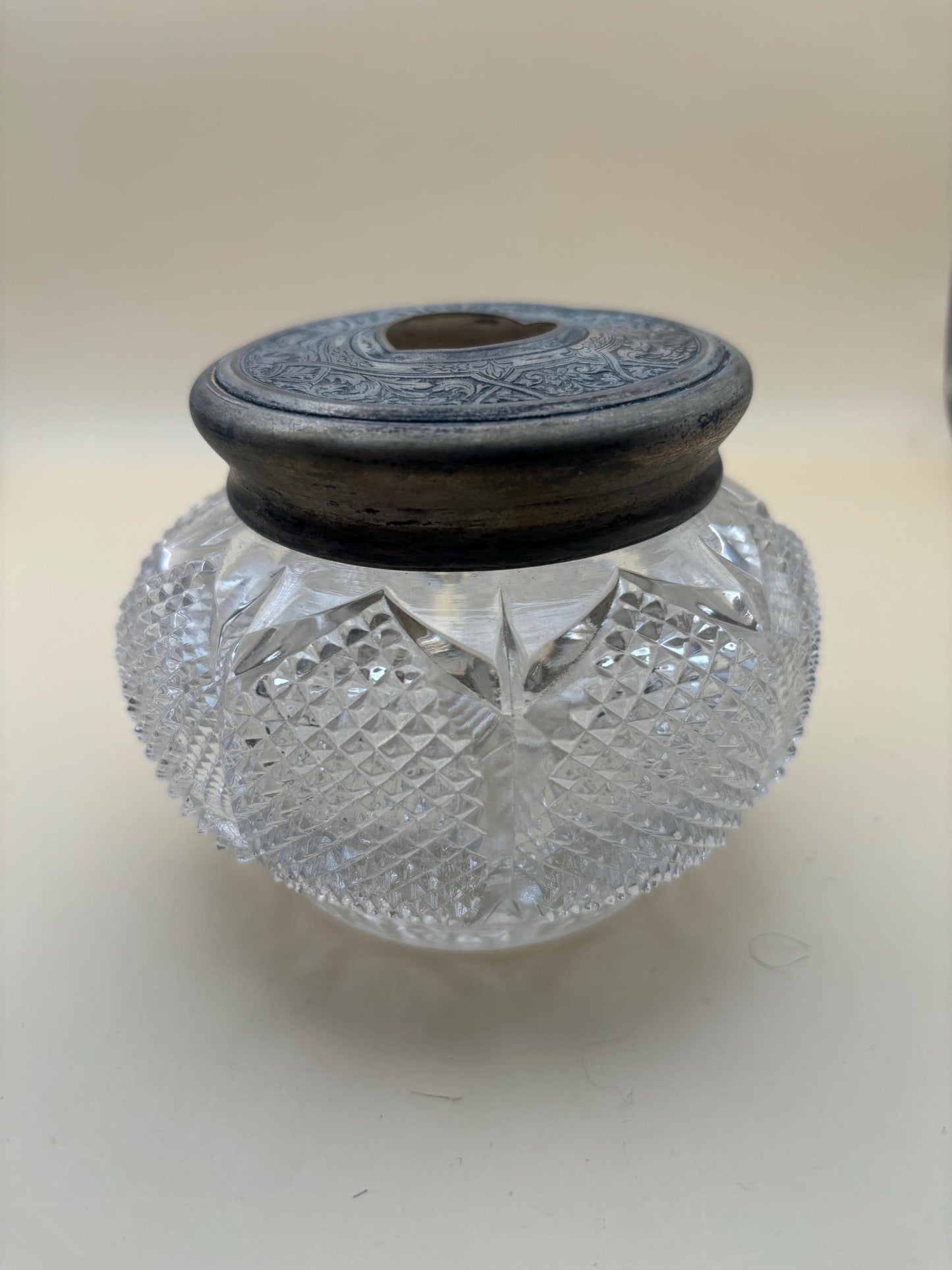 Antique Victorian Cut Crystal Hair Receiver Jar Sterling Silver Lid Lover Antiques and Vintage