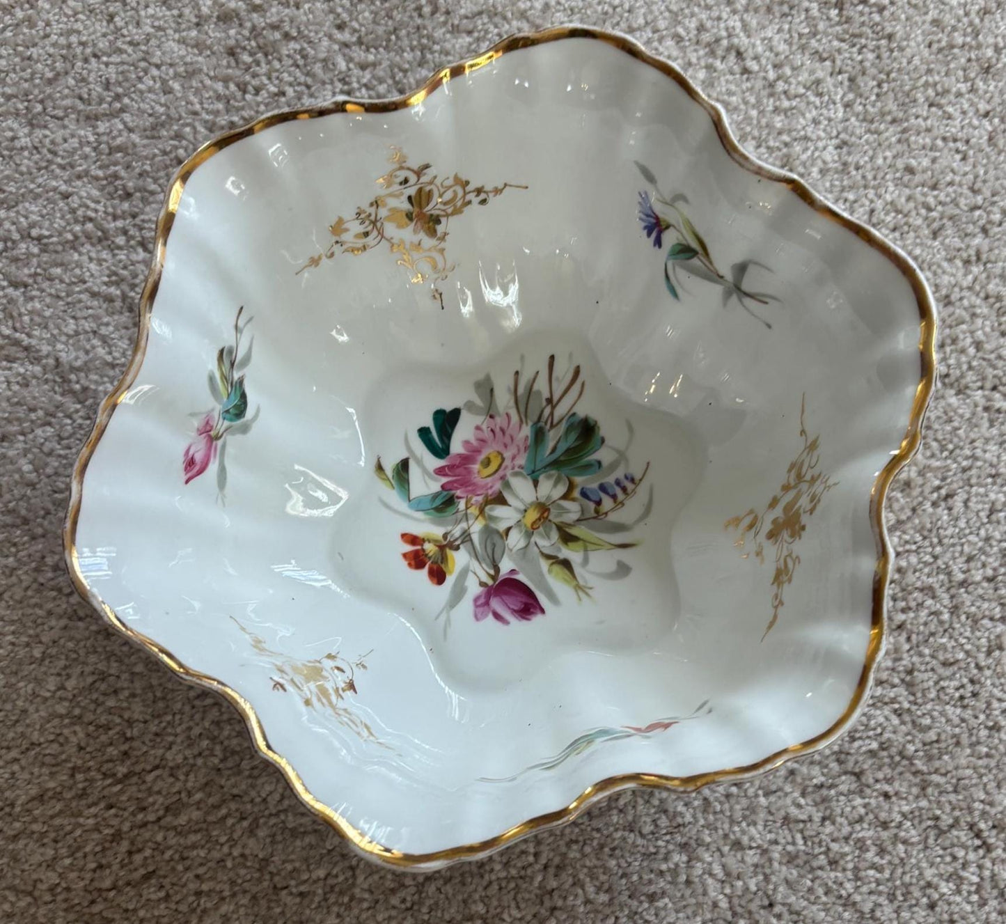 Antique German Dresden Scalleoped With Gold Trim, Ruffled Serpentine Floral Butterfly Bowl, Gold Gilded Plate, Lover Antiques and Vintage