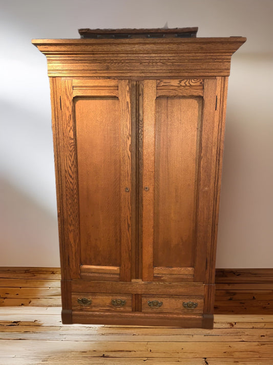 Antique Oak Eastlake Armoire: Tall Double Door Wardrobe, Circa 1800s