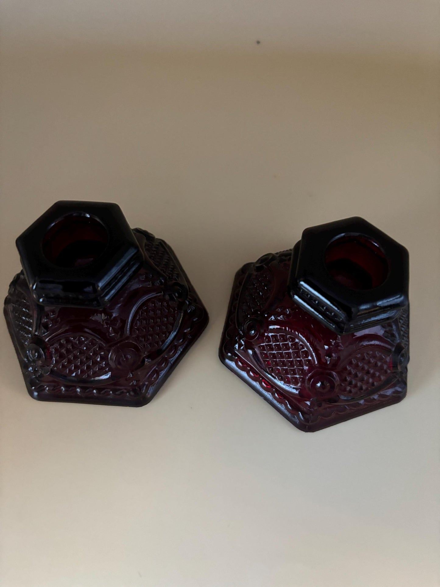 Vintage Fenton Ruby Red Pair of Mini Candleholders Candlestick Holders Lover Antiques and Vintage