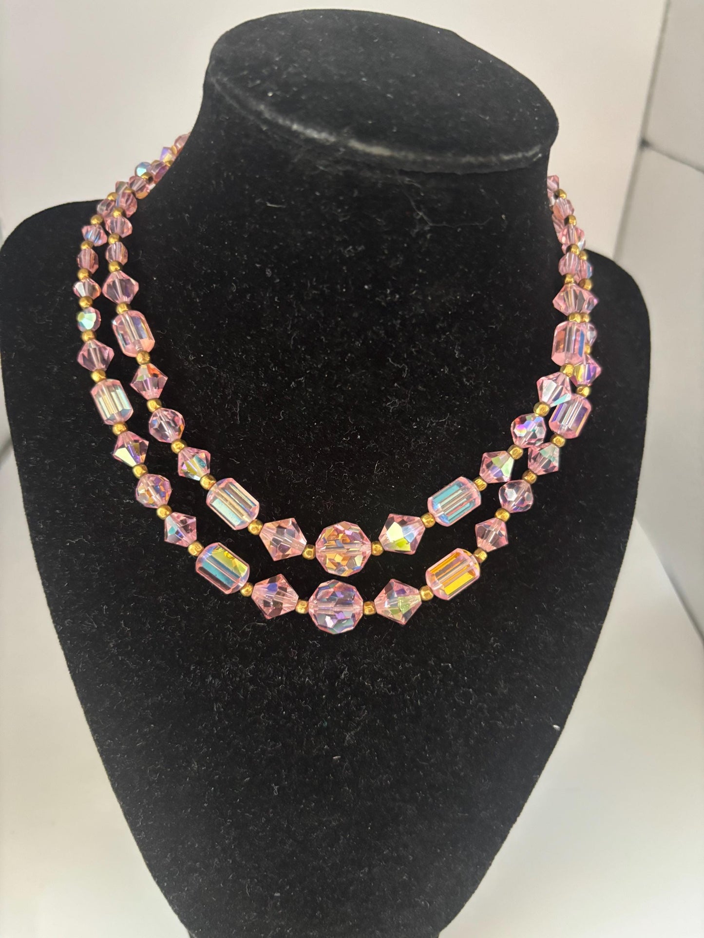 Vintage Pink Aurora Borealis Style Crystals & Gold Necklace Fringe Jewelry Lover Antiques and Vintage