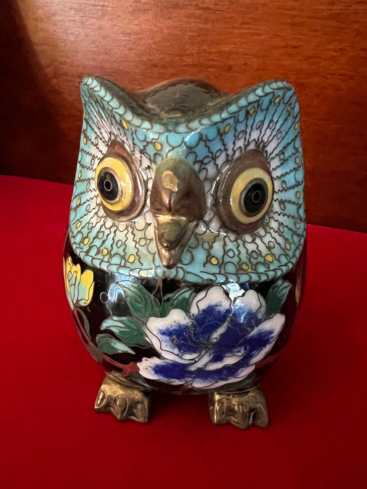 Vintage Cloisonné Enamel Owl Figurine: Cobalt Blue Brass Base