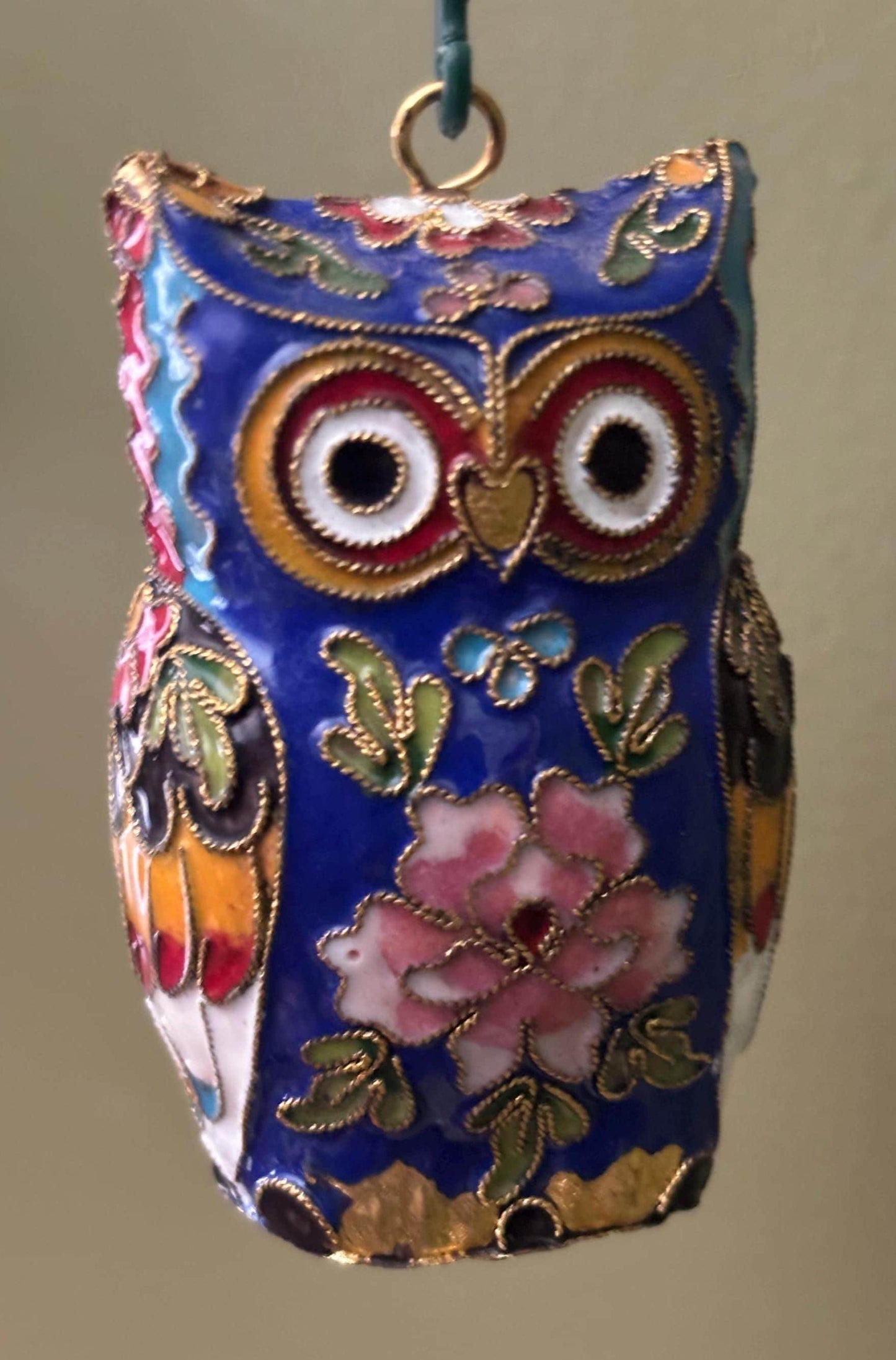 Vintage Cloisonné Brass Enameled Tall Standing Owl Statue Purple Pink Rose Enameled Owl Figurine Lover Antiques and Vintage