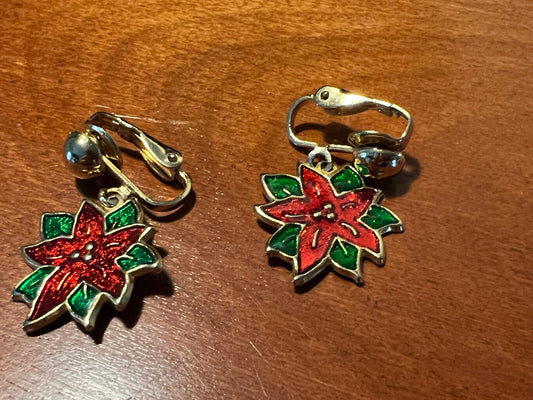 Vintage Poinsettia Enamel Red drop down clip on Earrings gold tone holidays Christmas flower earring jewelry