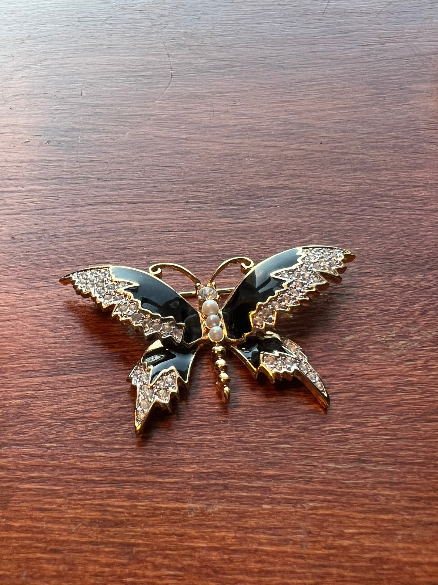 Vintage Butterfly Brooch, Black, Gold Tone, Gem Accents