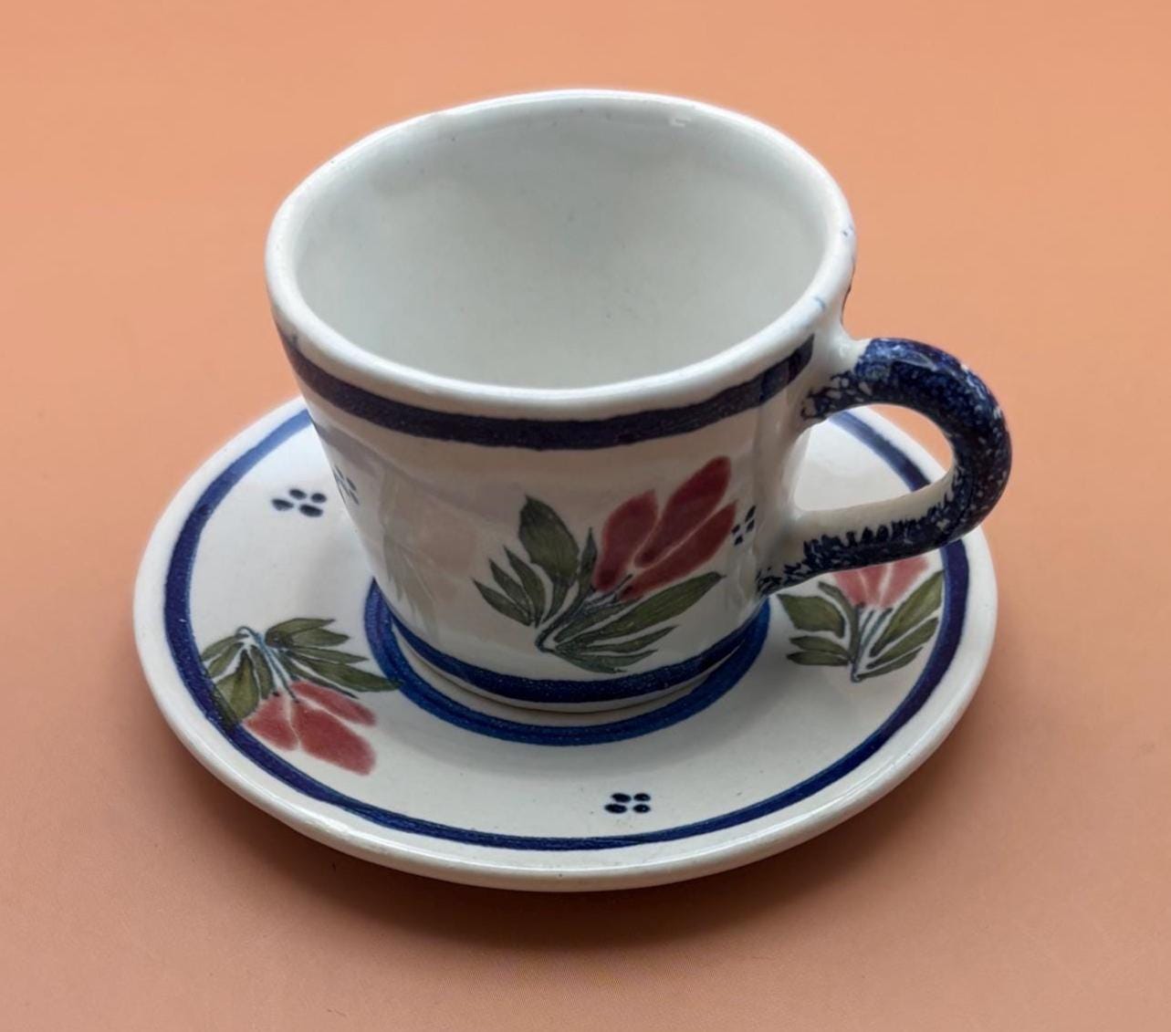 Antique Henriot Quimper Pottery Tea Cup and Saucer Made in France Number 102 Flower Motif Blue and Rose Lover Antiques