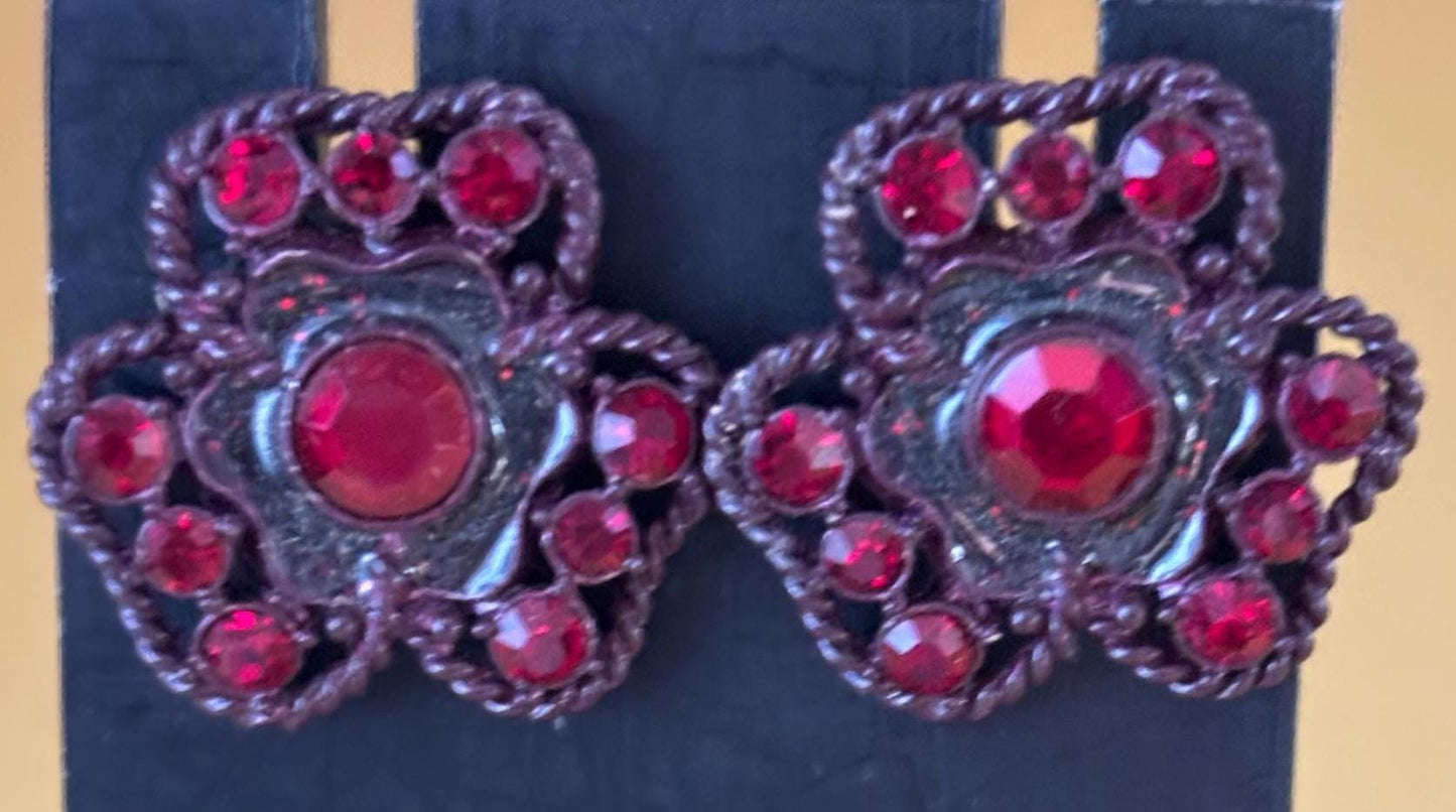 Vintage Judy Lee Ruby Red Flower Clip On Earrings