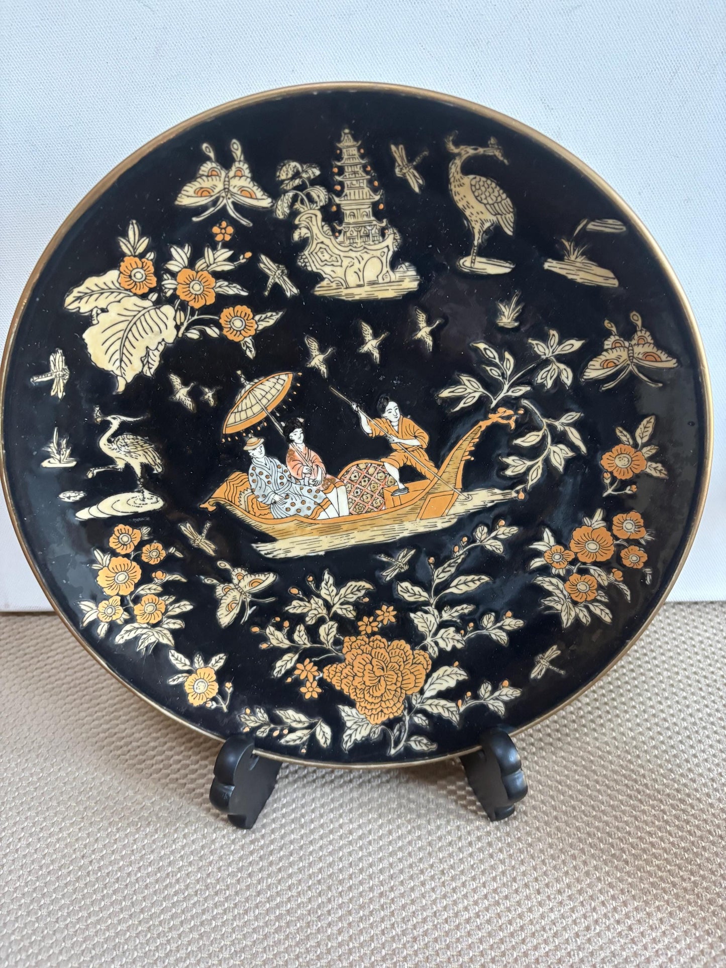 Vintage Sevres Porcelain Plate with Chinoiserie Design Chinese Plate with Stand Black Background with Gold Trim Lover Antiques and Vintage