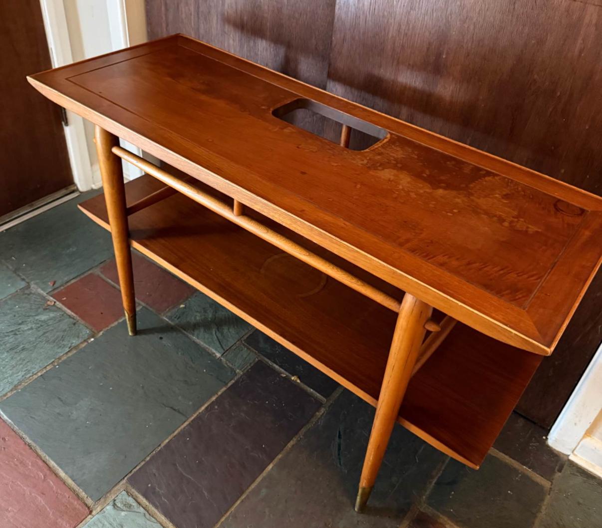 Lane Copenhagen Mid Century Modern Walnut Console Table, Tapered Legs with Brass Tips & a Cut Out, Lover Antiques and Vintage