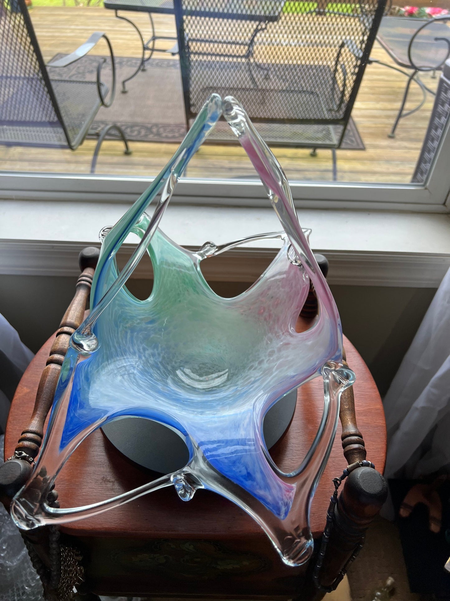 Vintage Murano Art Glass by Lavorazione, Murano Large Blown Glass Bowl, Murano Large Basket, Blue Pink Green Art Glass, Lover Antiques