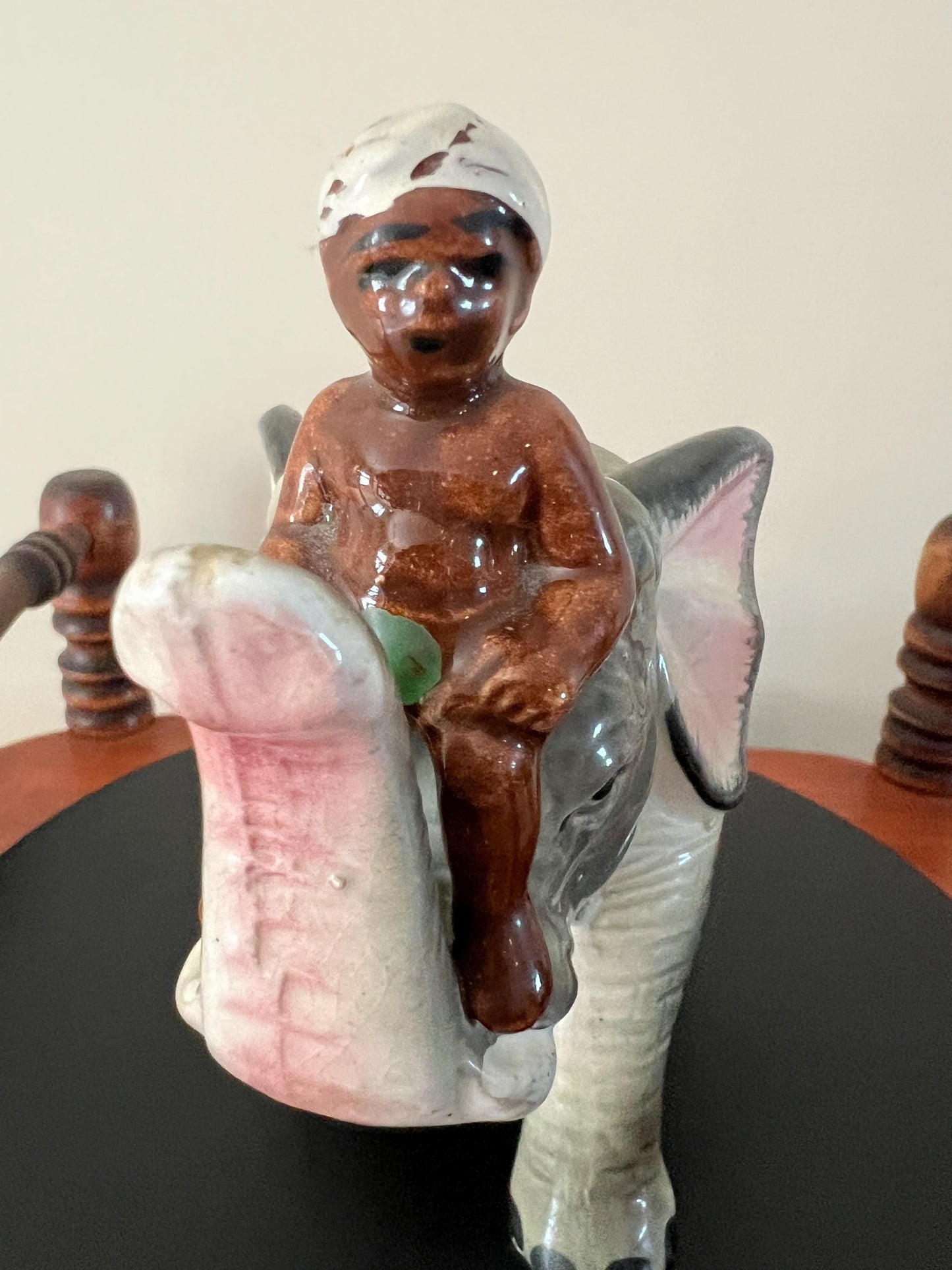 Vintage Ceramic Elephant Figurine: Trunk Up, Man Rider, Made in Japan