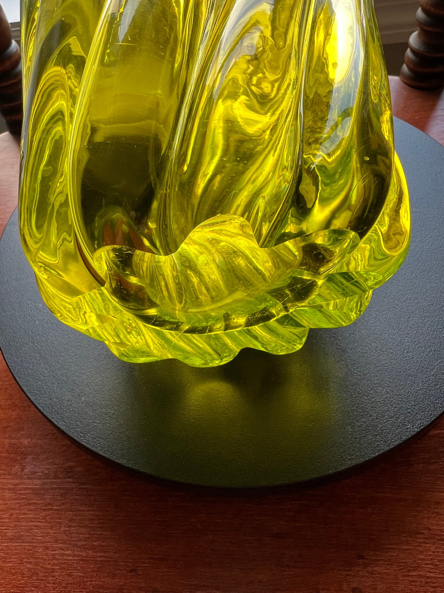 Vintage Uranium Glass Vase, Abstract Sommerso Style, 9" Glowing Vaseline Glass