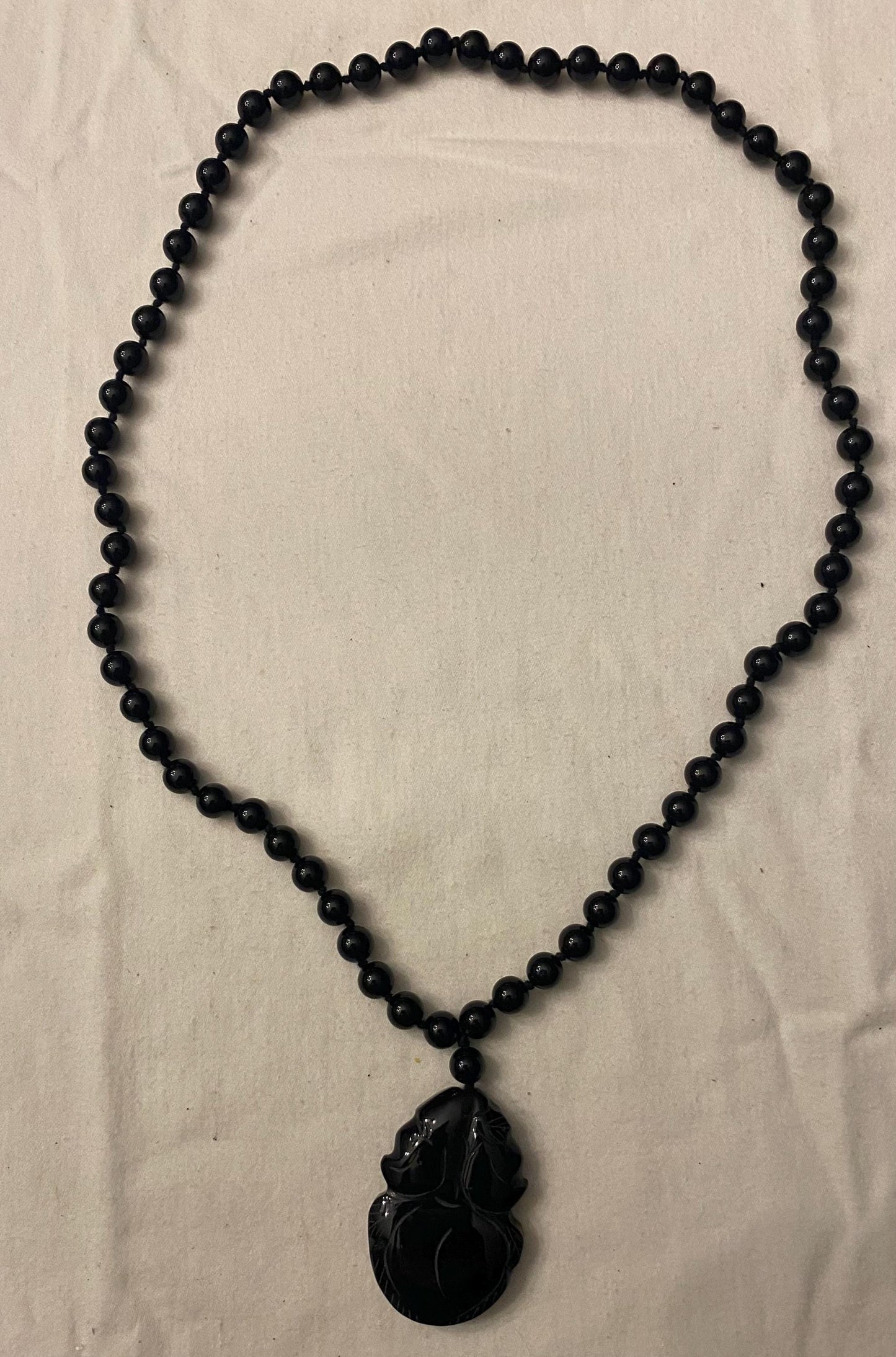 Vintage Black Onyx Beaded Necklace, Carved African Pendant