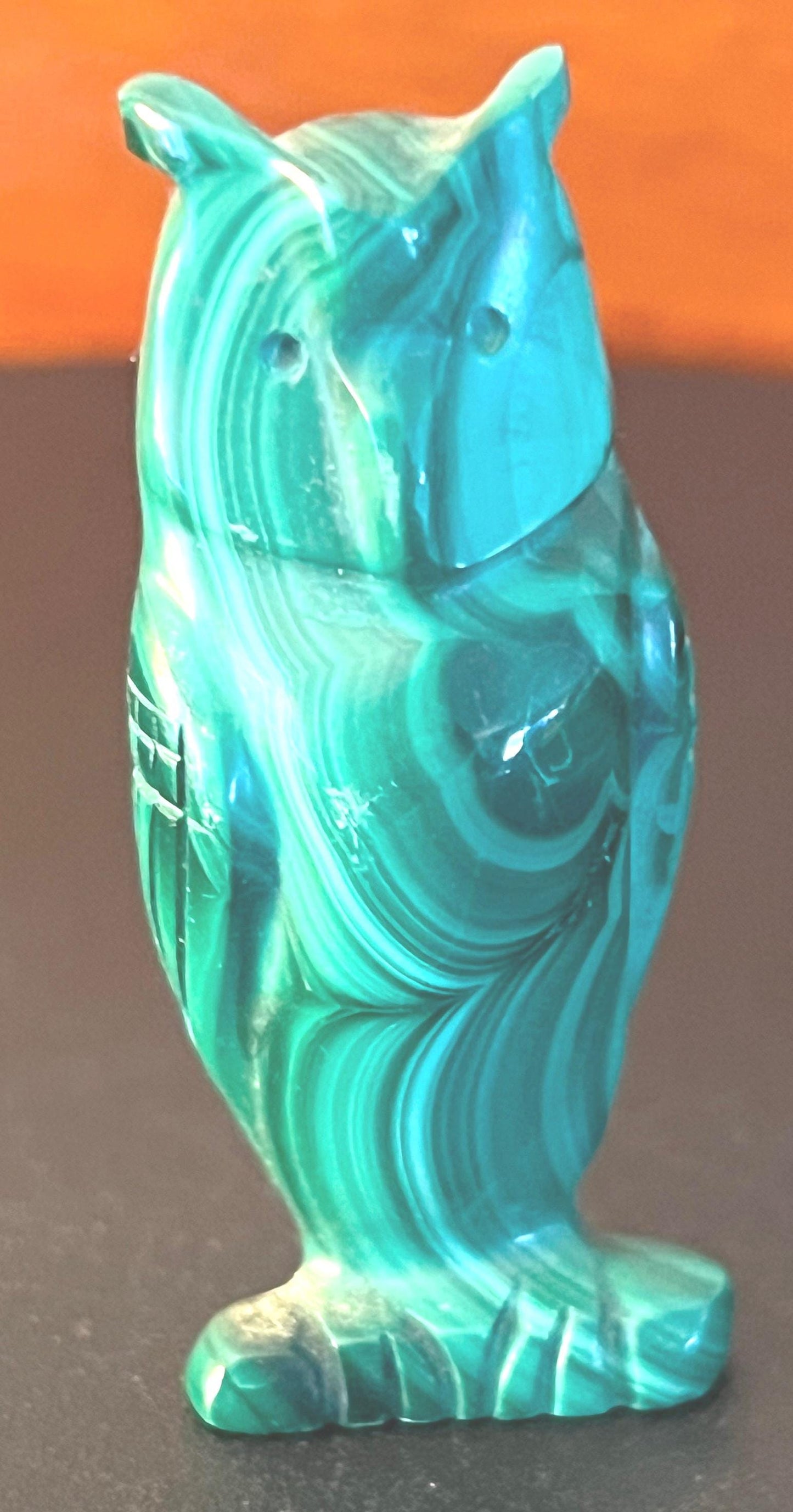Vintage Carved Malachite Owl Figurine on Pedestal Base