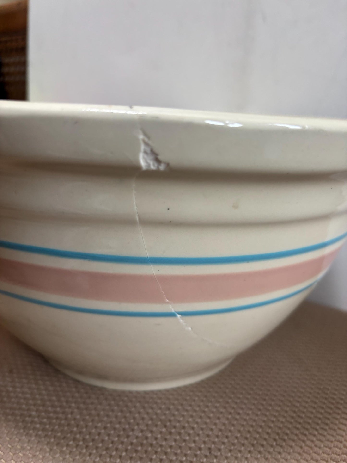 Vintage McCoy Ovenware #12 Bowl Pink Blue Stripe USA Stoneware Lover Antiques and Vintage
