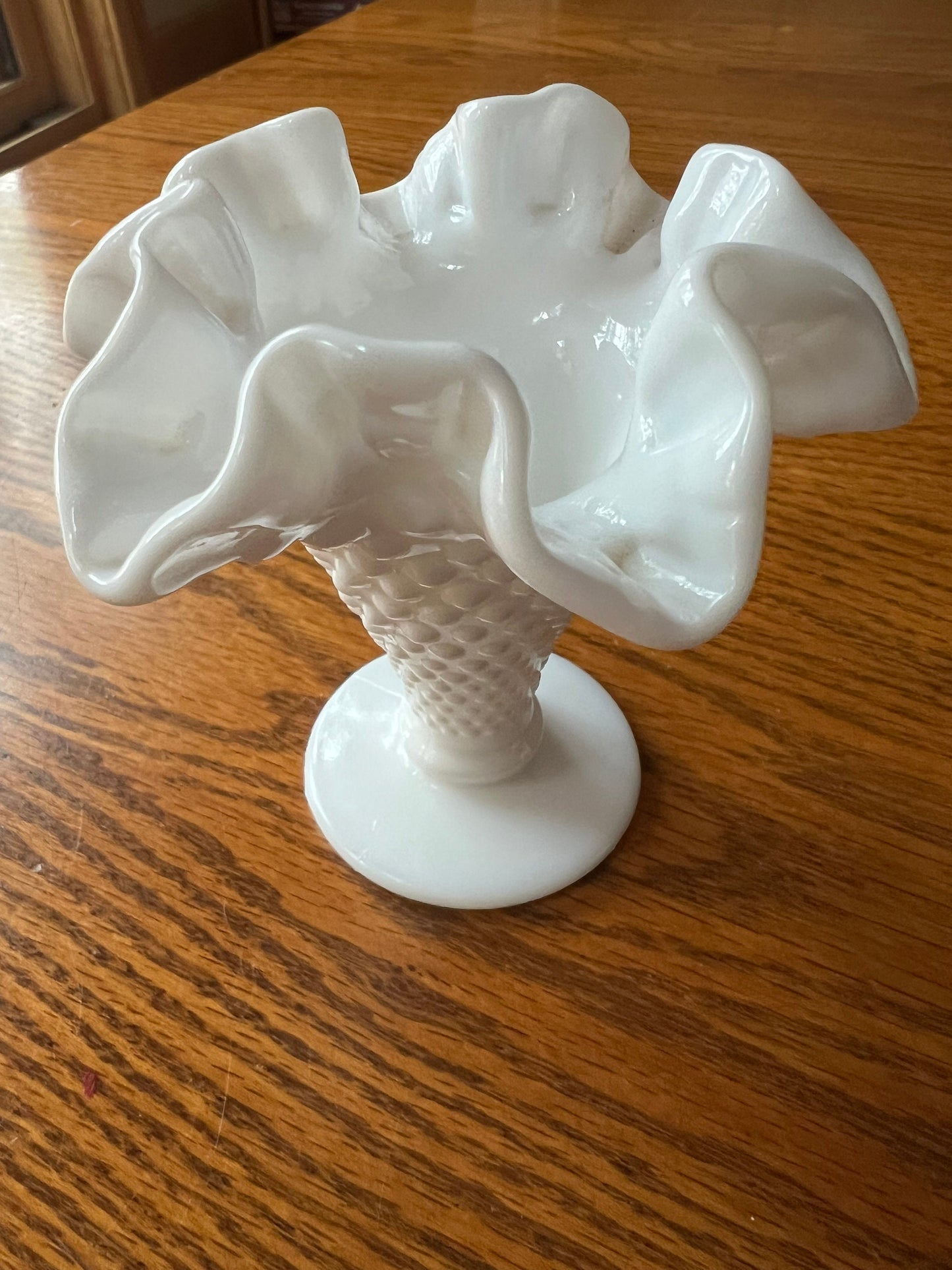 Vintage White Hobnail Glass Vase: Ruffled Edge, Art Glass