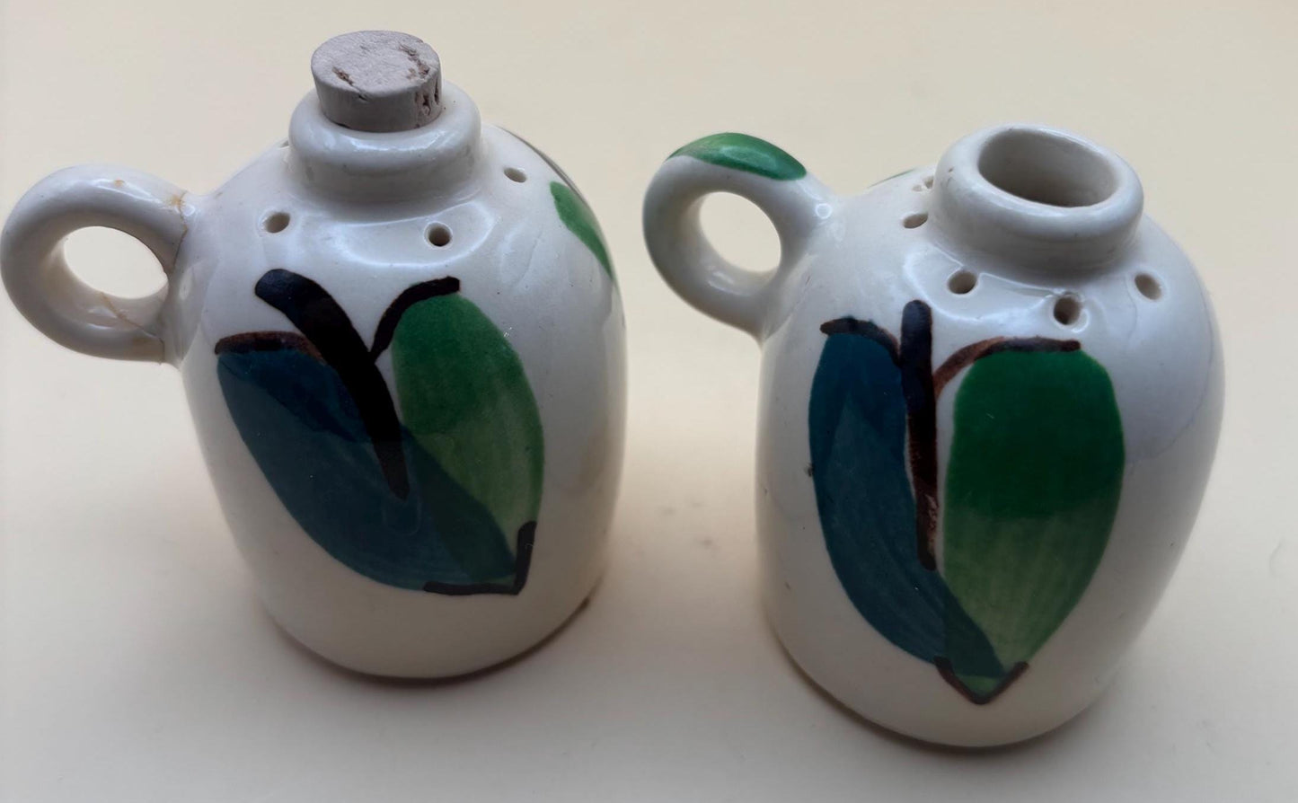 Vintage Purinton Pottery Hand Painted Green and Blue Leaves Salt & Pepper Shakers Apple Motif Ceramic Lover Antiques and Vintage