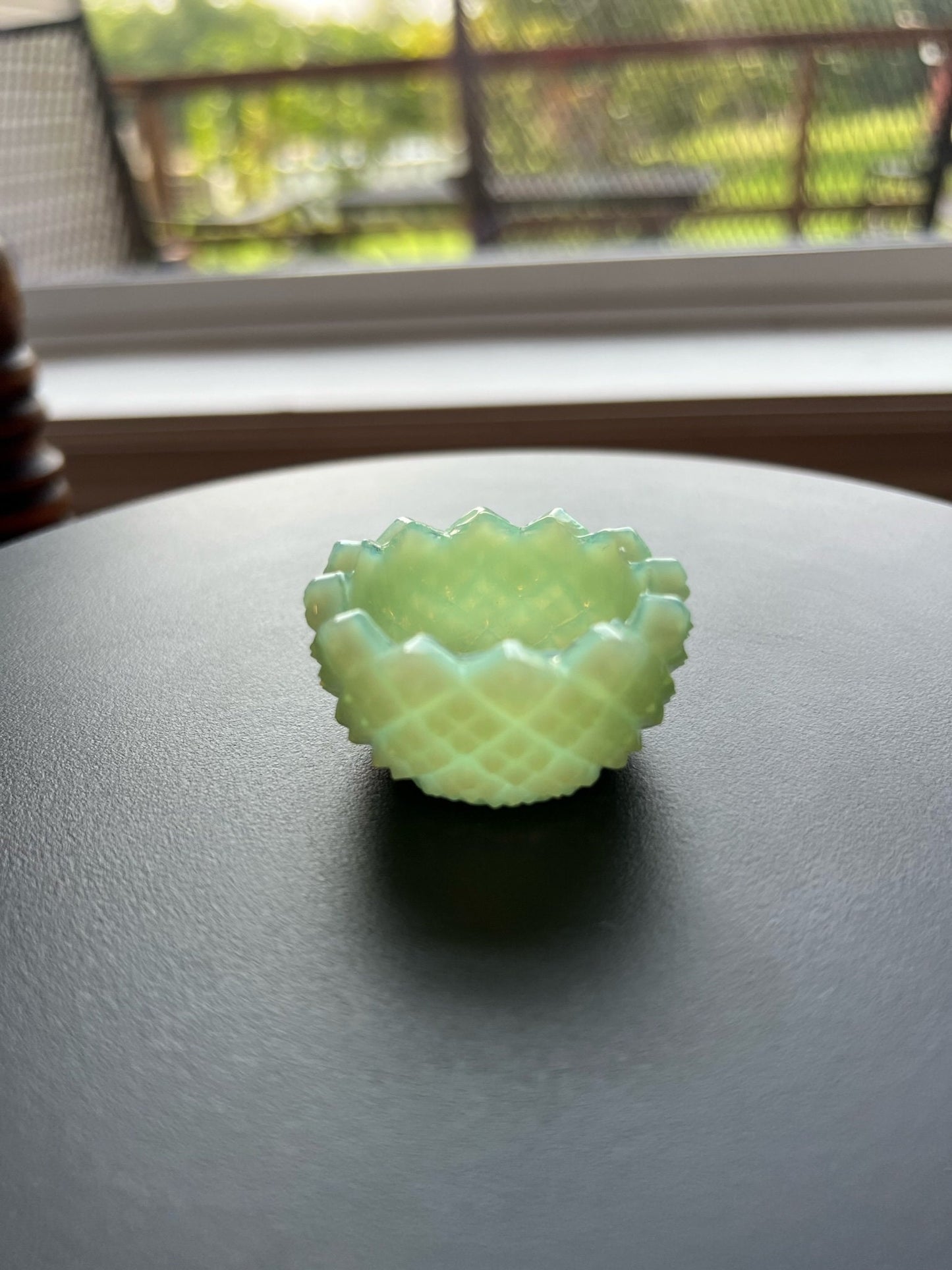 Vintage Green Jadeite Flower Salt Dish, Glass Toothpick Holder
