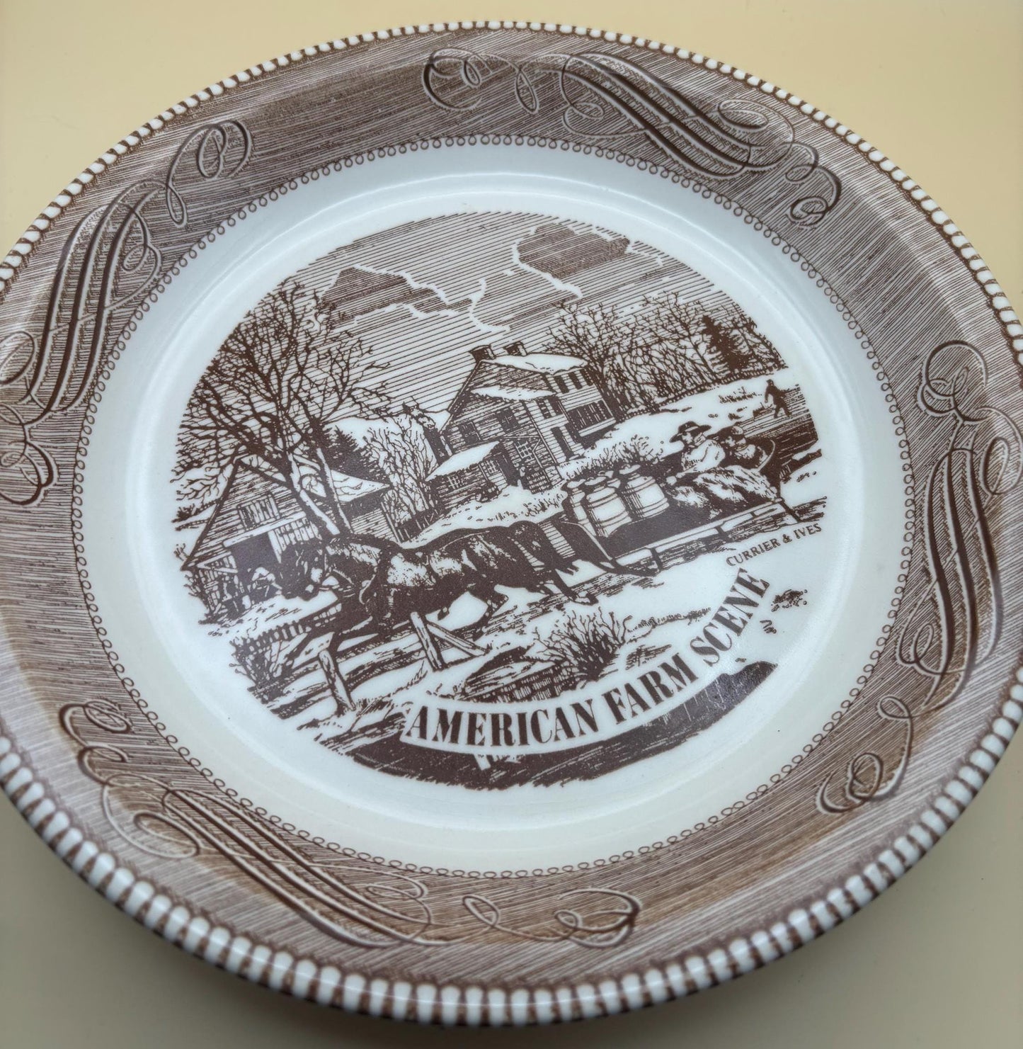 Jeanette Pie Plate, Royal China Farm Scene Brown Ironstone 10-inch Vintage American Farmhouse Pie Dish Antique Gift for Her