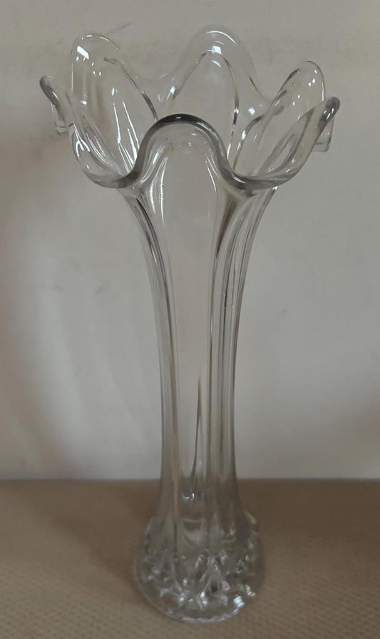 Vintage Ruffled Glass Clear Vase Large Swung Vase Lover Antiques and Vintage