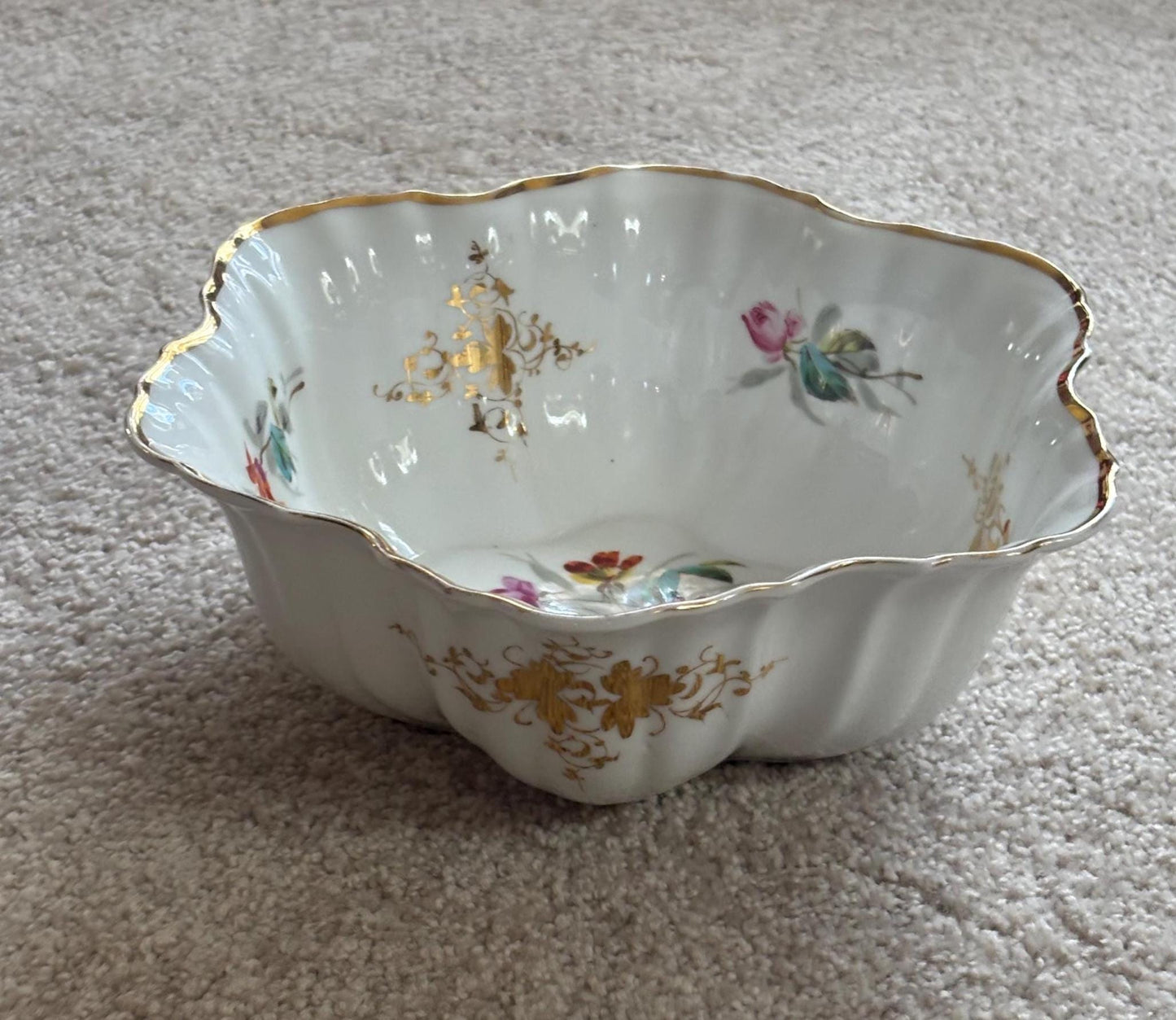 Antique German Dresden Scalleoped With Gold Trim, Ruffled Serpentine Floral Butterfly Bowl, Gold Gilded Plate, Lover Antiques and Vintage