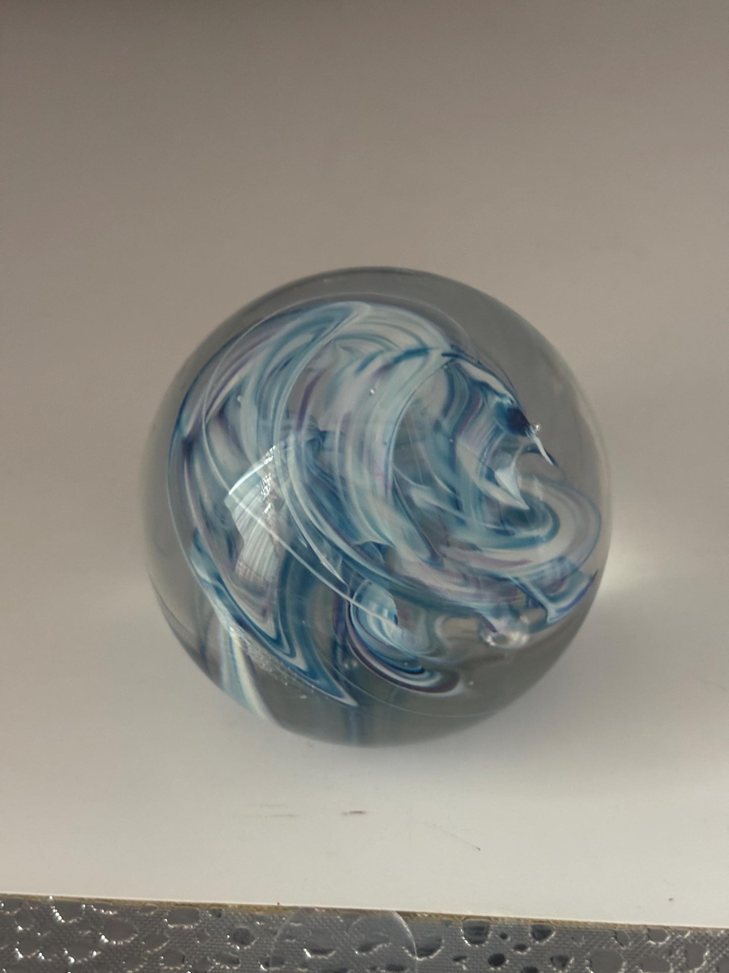 Ocean Hand Blown Blue White Glass Paperweight, Seaside Glass Art