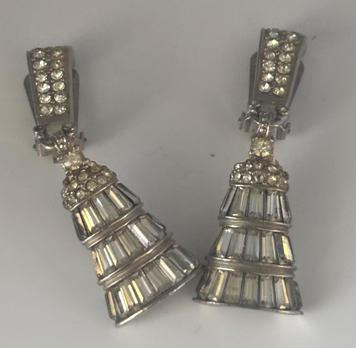 Pennino Rhinestone Earrings, Silver Three Tiered Baguette Cut Design, Bell Shaped