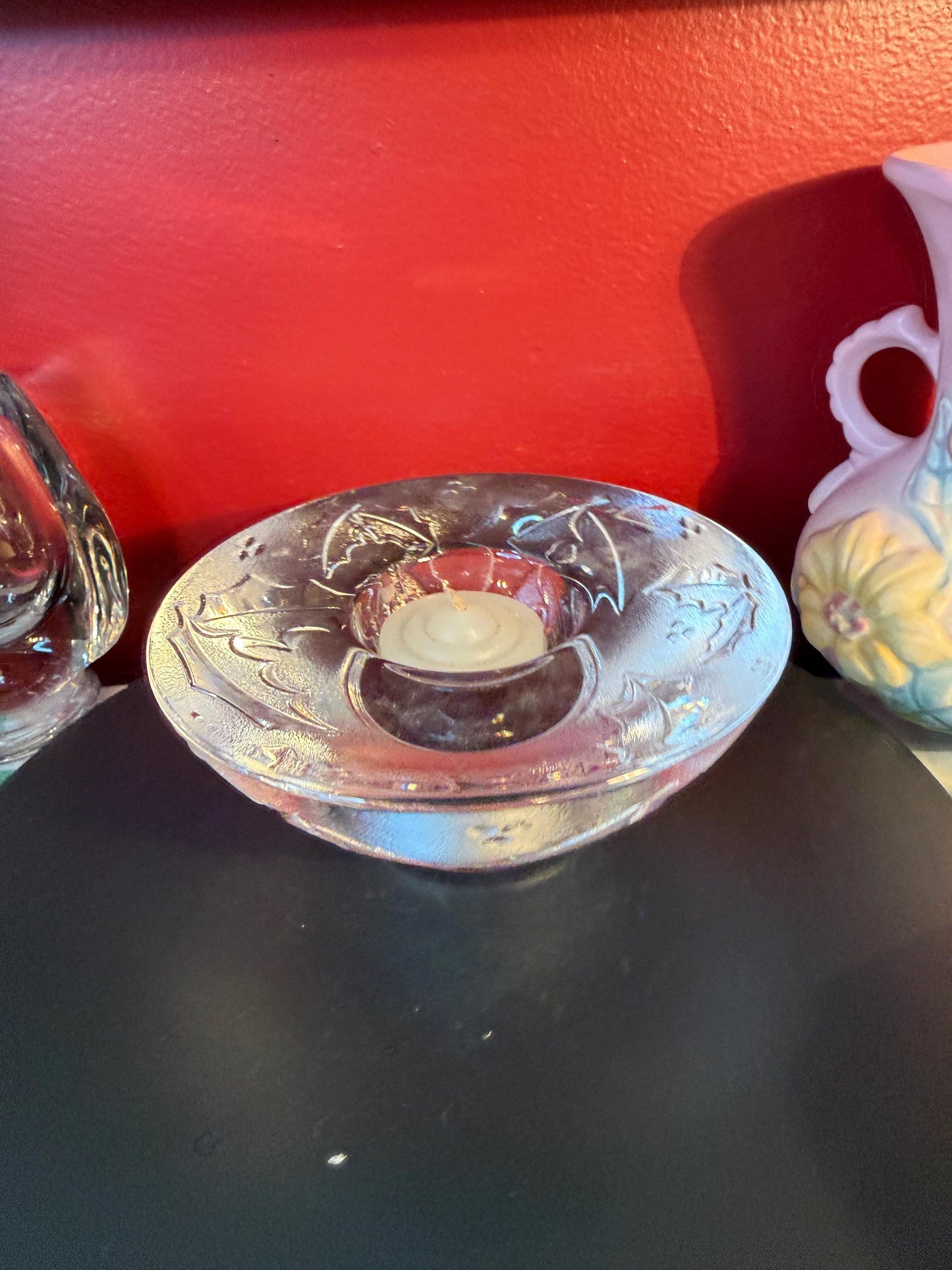 Vintage Glass Votive Candle Holder 5 Inch Wide 2 Inch High Embossed Design