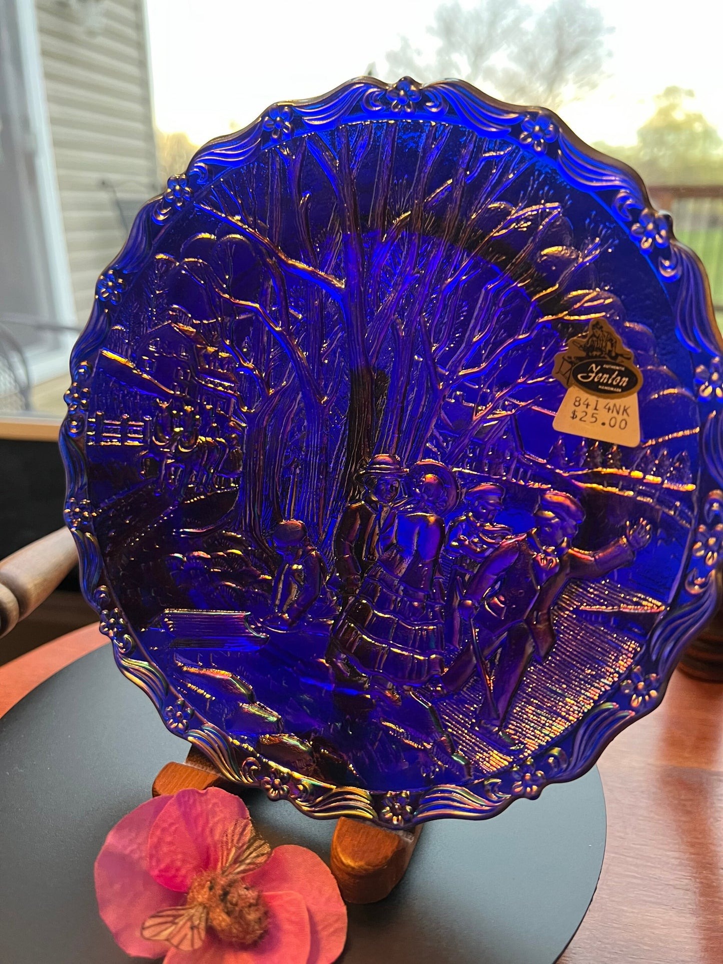 Vintage Fenton Winter Pastime Plate: Carnival Iridescent Purple Blue Glass