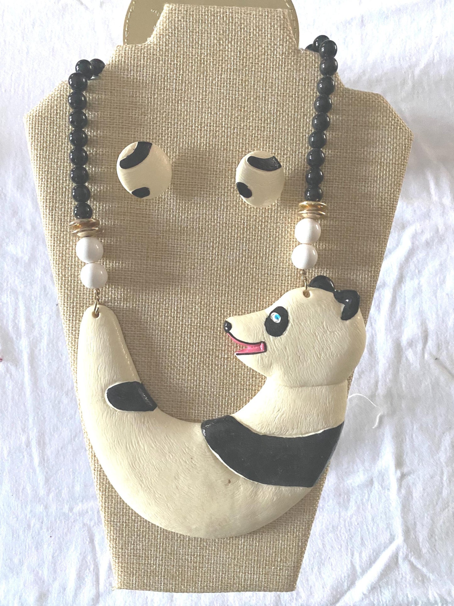 Panda Bear Figural BIB & Beaded Statement Resin Necklace and Matching Earrings Jewelry Unique Gifts