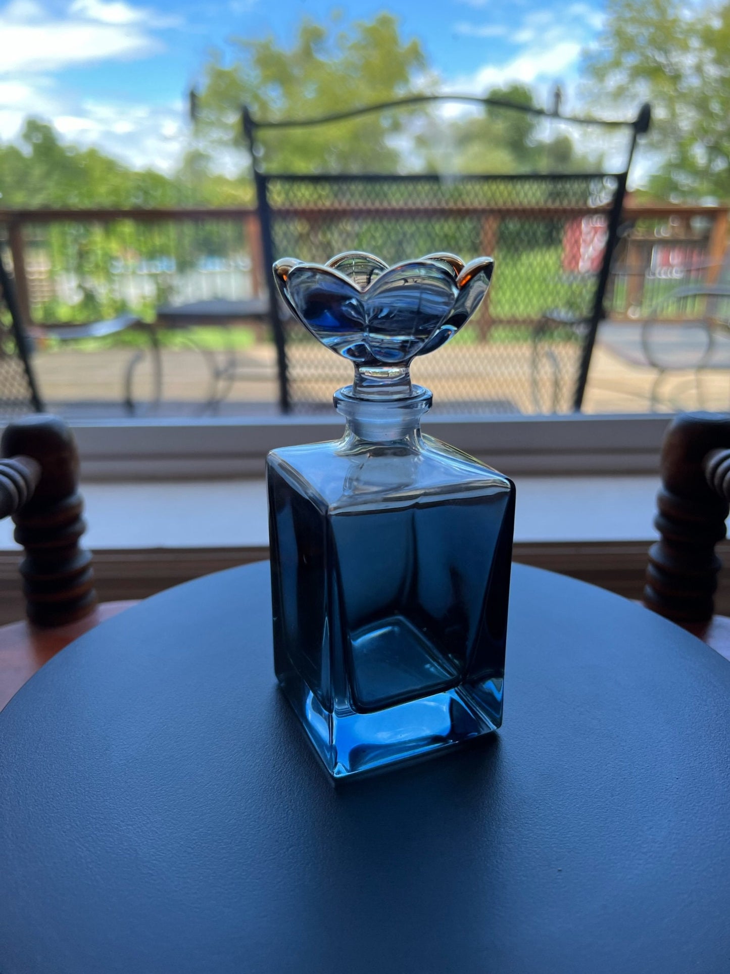 Vintage Blue Glass Perfume Decanter: Flower Stopper Art Glass