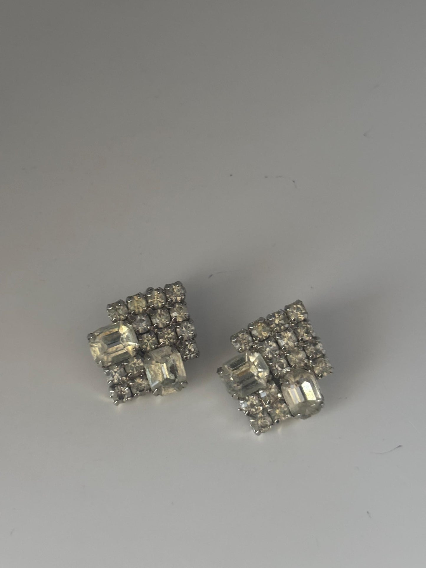 Silver Rhinestone Sparkling Clip On Earrings, Art Deco Jewelry