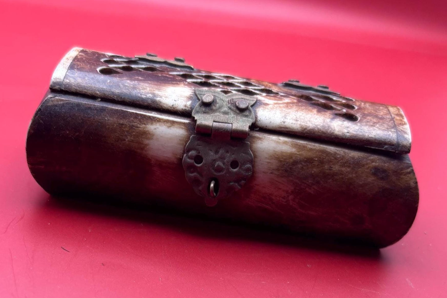 Vintage Camel Bone and Brass Trinket Box with Owl Hinges