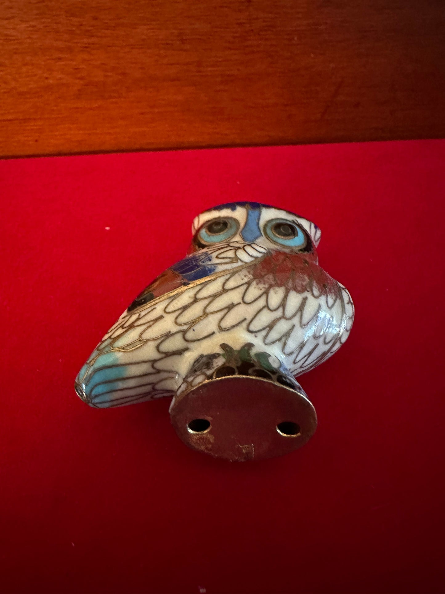Vintage Cloisonné Enamel Owl Figurine: Cobalt Blue Brass Statue