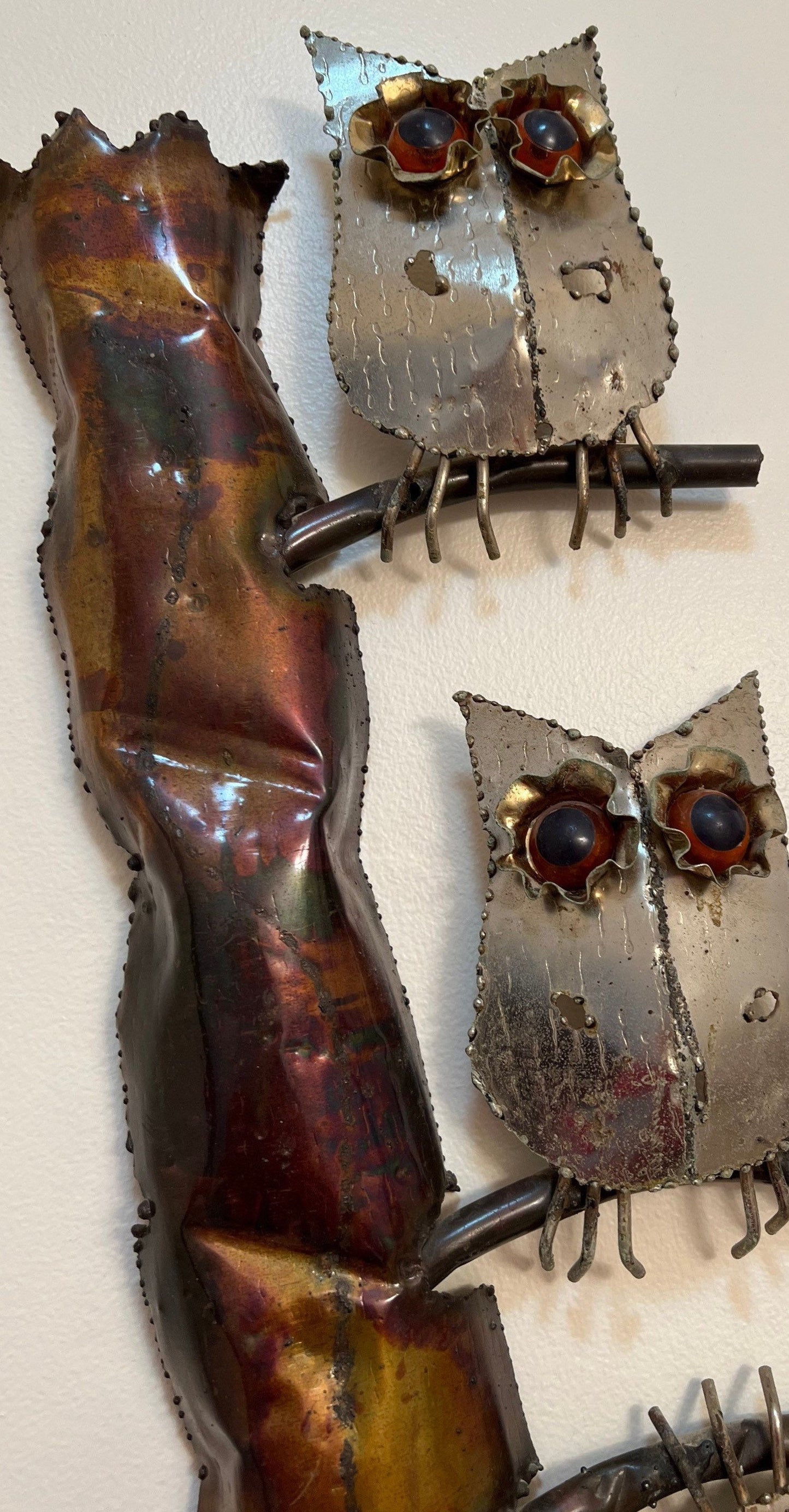 Vintage Owl Metal Wall Hanging Art Nobody’s Perfect marble eyes on owls Copper Wall Hanging Artwork Curtis Jere Style