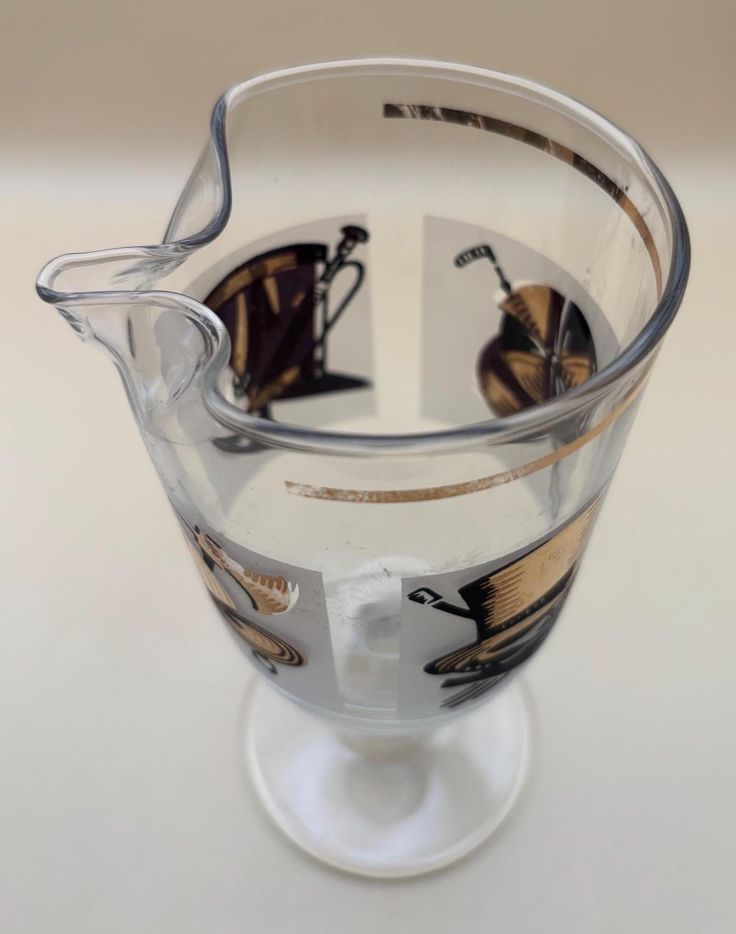 Vintage Libbey Pitcher with Spout Bar Glass with Gold and Black Firefighter Jockey Military Top Hat Design Lover Antiques and Vintage