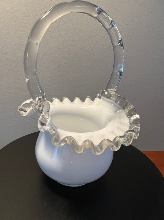 Vintage Fenton Silvercrest Basket Vase: White Ruffled Edge Art Glass