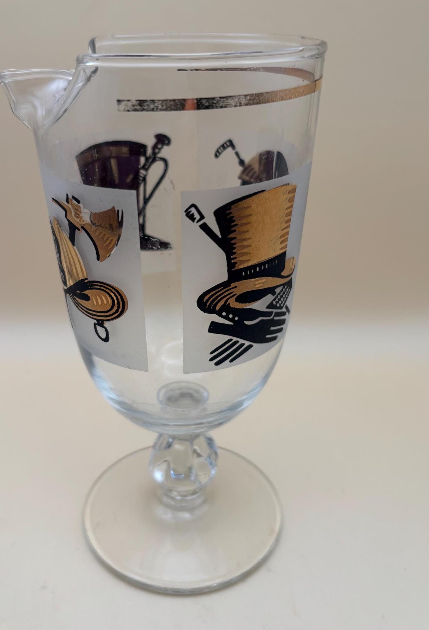 Vintage Libbey Pitcher with Spout Bar Glass with Gold and Black Firefighter Jockey Military Top Hat Design Lover Antiques and Vintage