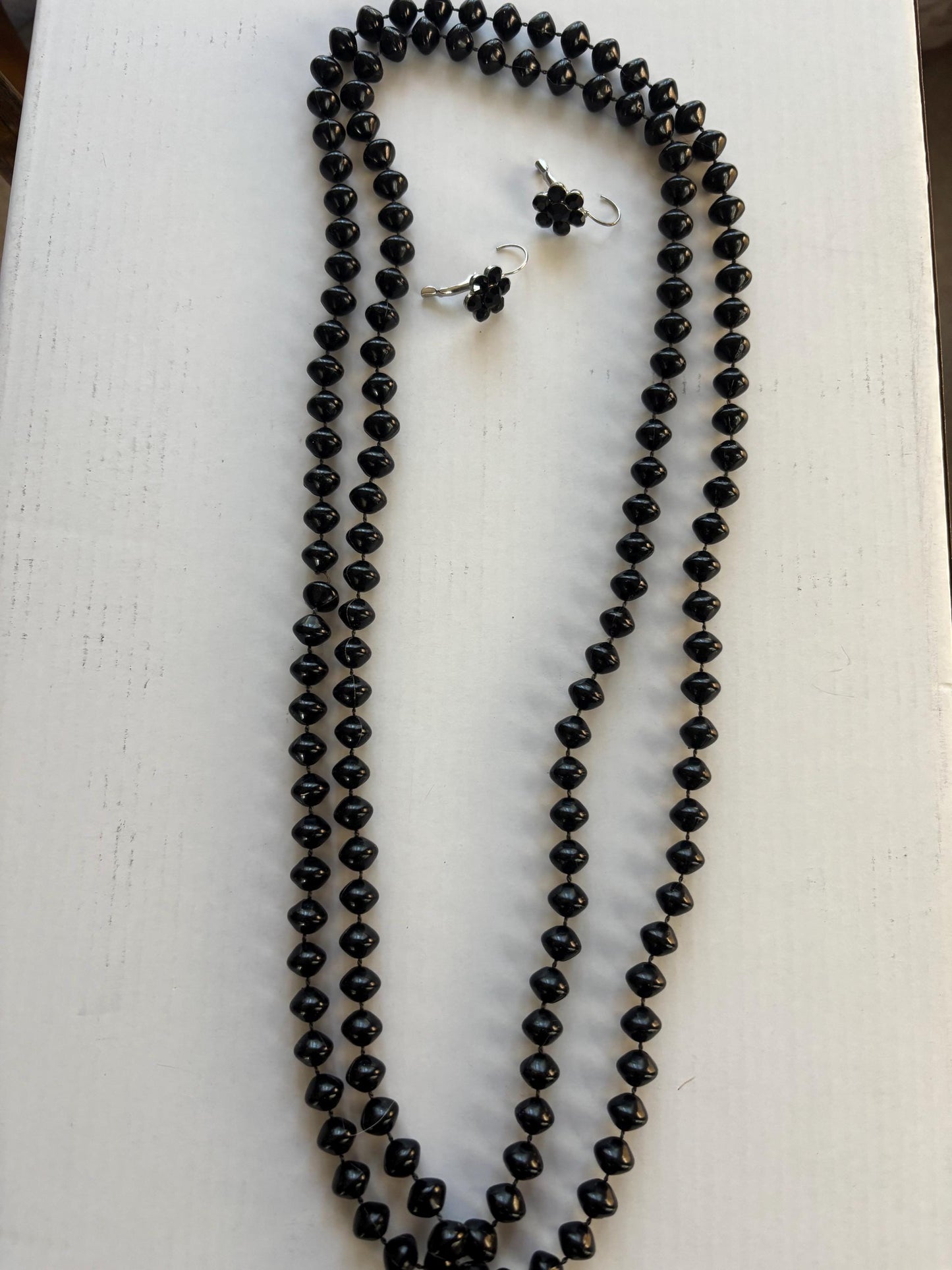 Vintage Long Black Beaded Necklace and Matching Earrings Lover Antiques and Vintage